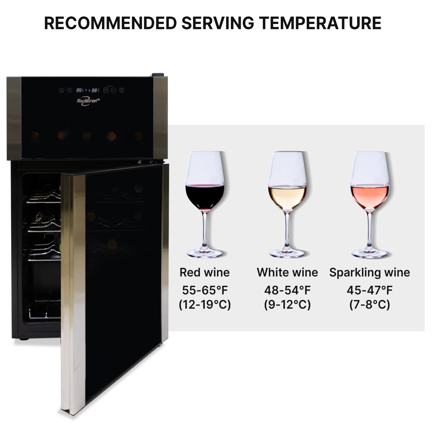 Koolatron 29 Bottle Dual Zone Wine Cooler, Black, Compressor Wine Fridge, Freestanding Wine Cellar, Red, White, Sparkling Wine Storage in Home Bar,