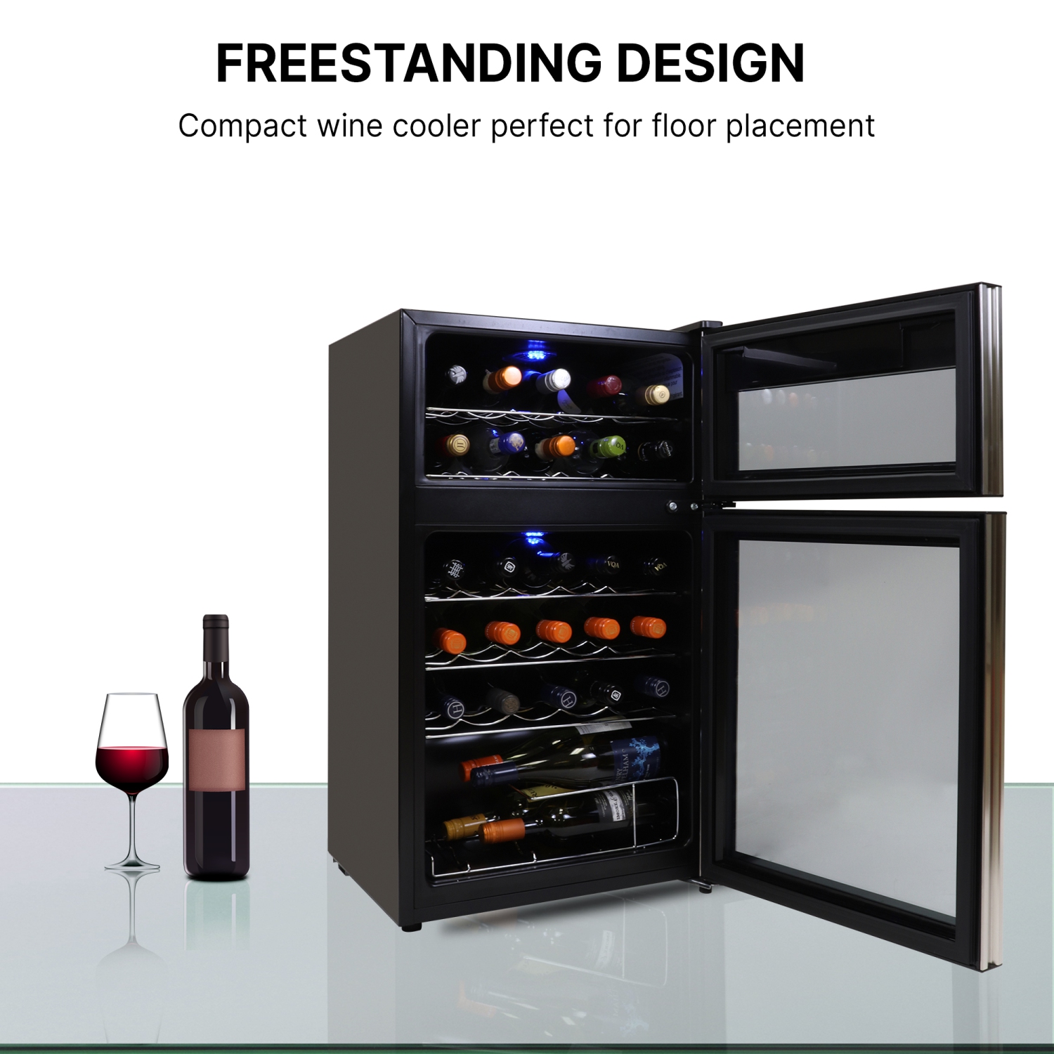 Koolatron 29 Bottle Dual Zone Wine Cooler, Black, Compressor Wine Fridge, Freestanding Wine Cellar, Red, White, Sparkling Wine Storage in Home Bar,
