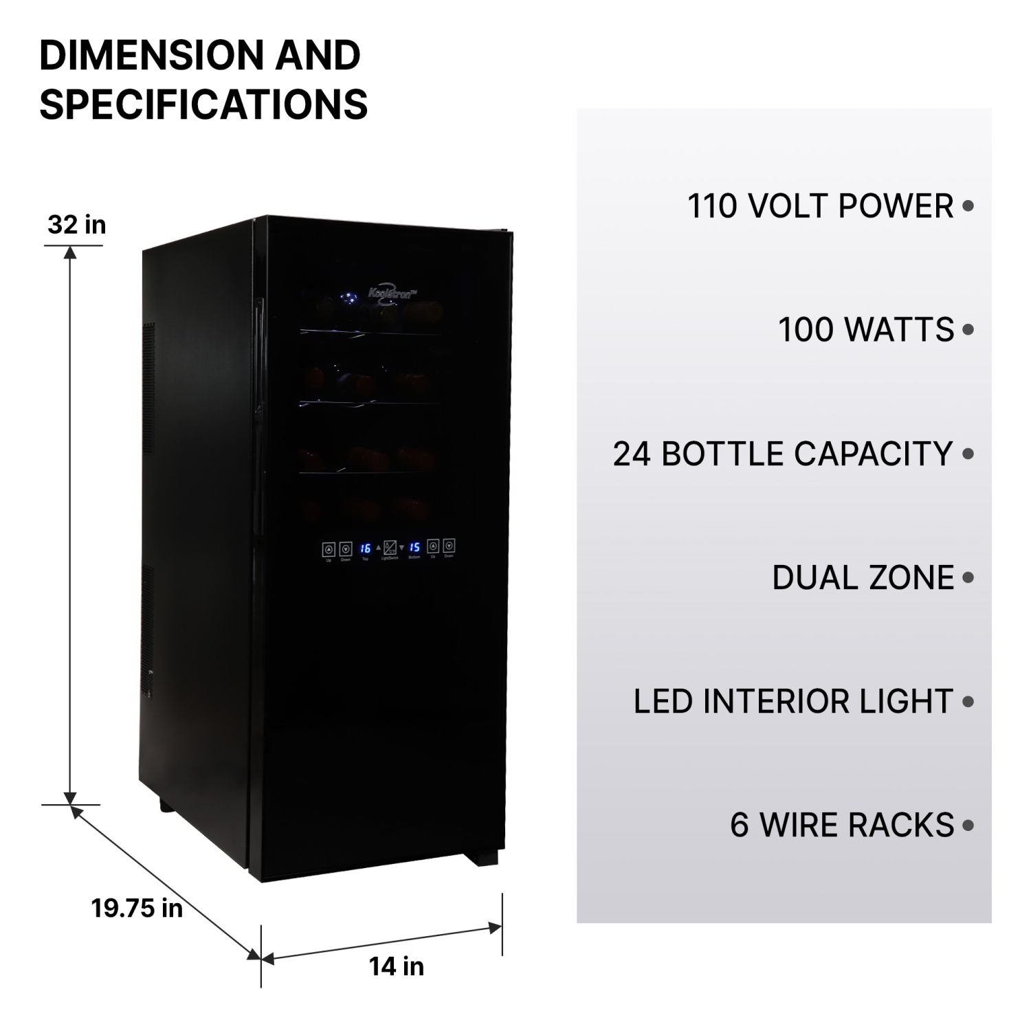 Koolatron 24 Bottle Wine Cooler Black 2.4 cu ft Freestanding Compressor Wine Fridge