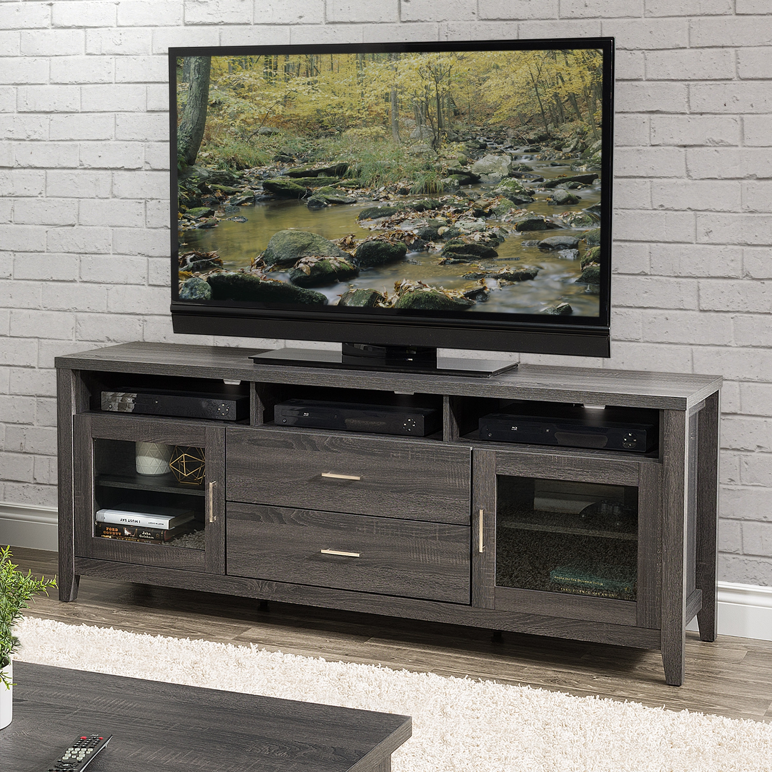 CorLiving Hollywood Dark Grey TV Stand with Drawers, Cabinets and Open Storage, for TVs up to 85''