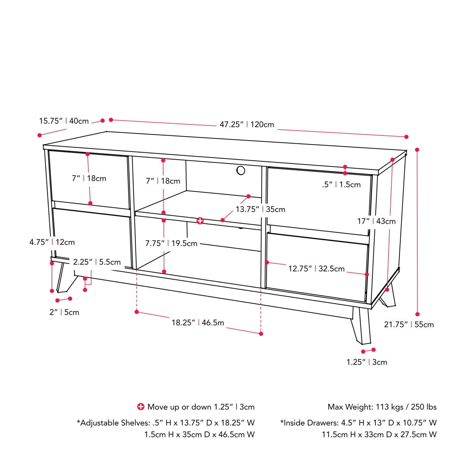 CorLiving THW-540-B Hollywood Dark Grey Wood Grain TV Stand with Drawers for TVs up to 55"
