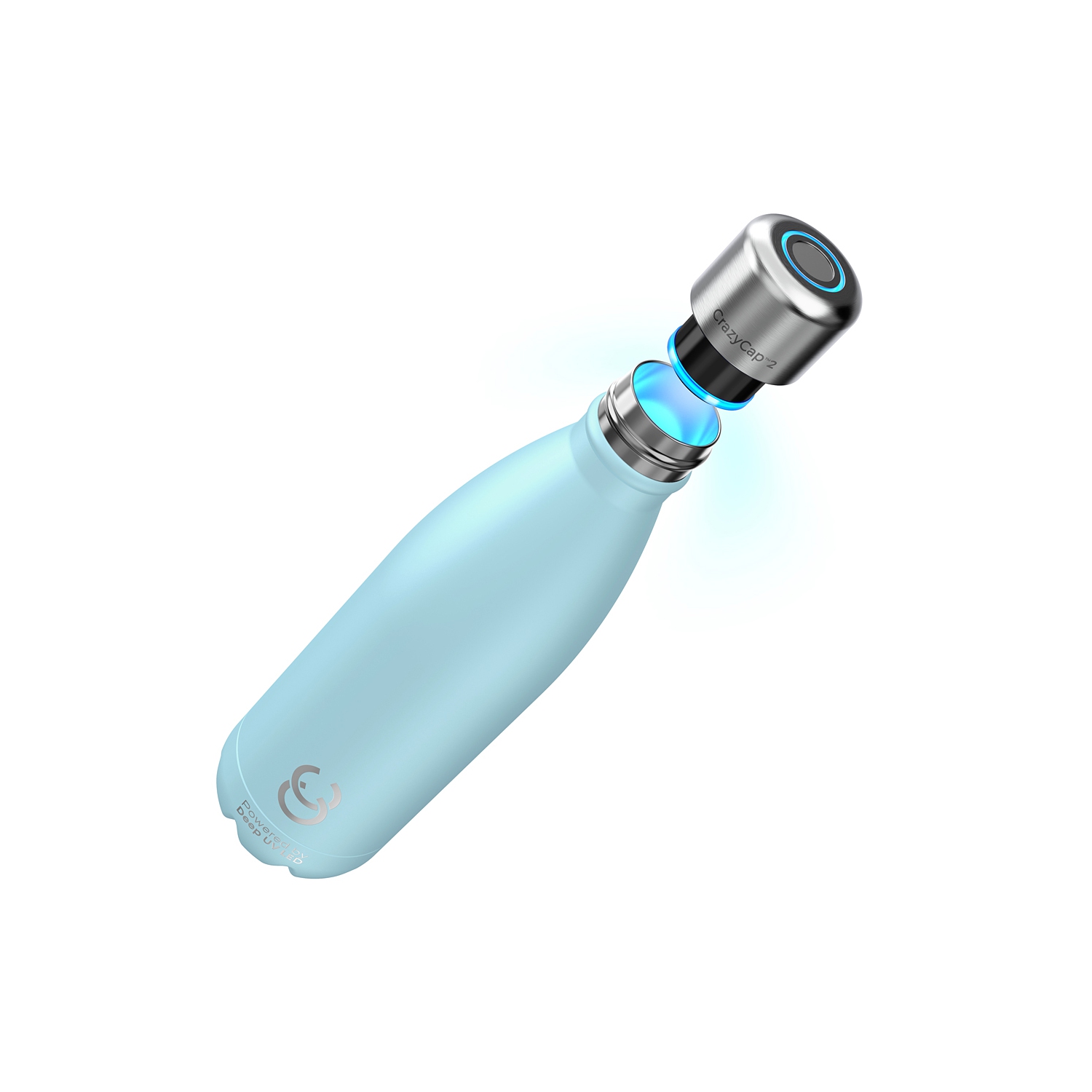 CrazyCap 2.0 Purificateur d'eau UV et bouteille d'eau isotherme autonettoyante en acier inoxydable - Cyan 500 ml