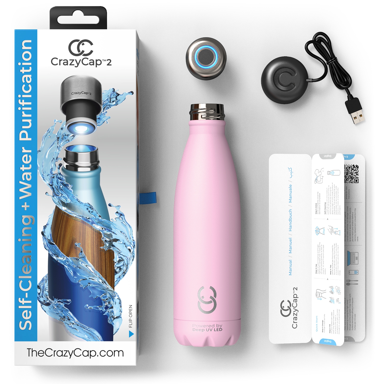 CrazyCap 2.0 Purificateur d'eau UV et bouteille d'eau isotherme autonettoyante en acier inoxydable - Blush 500 ml