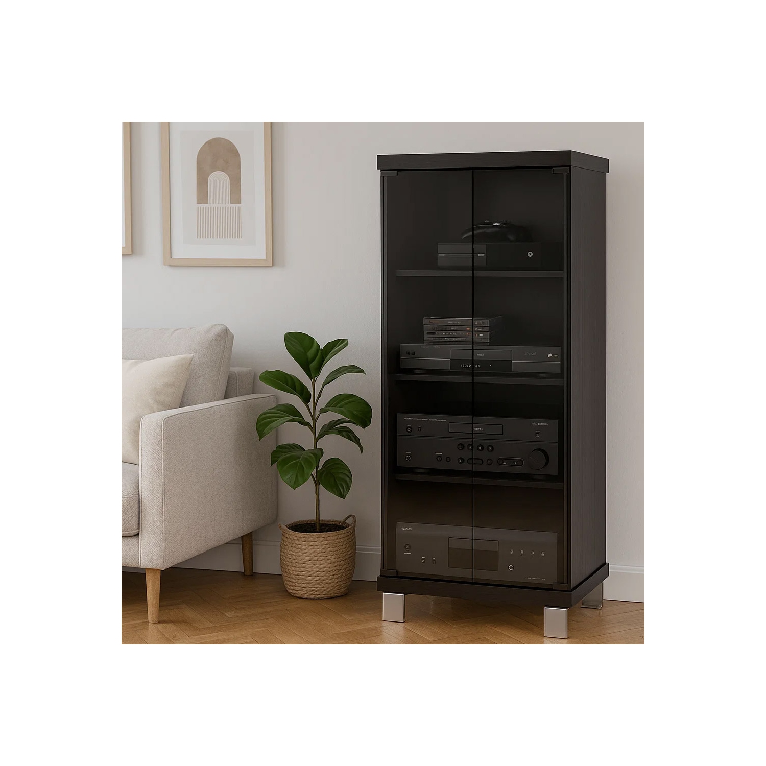 Meuble de rangement multimédia en bois Holland de CorLiving avec portes, tablettes de présentoir pour DVD et CD, noir