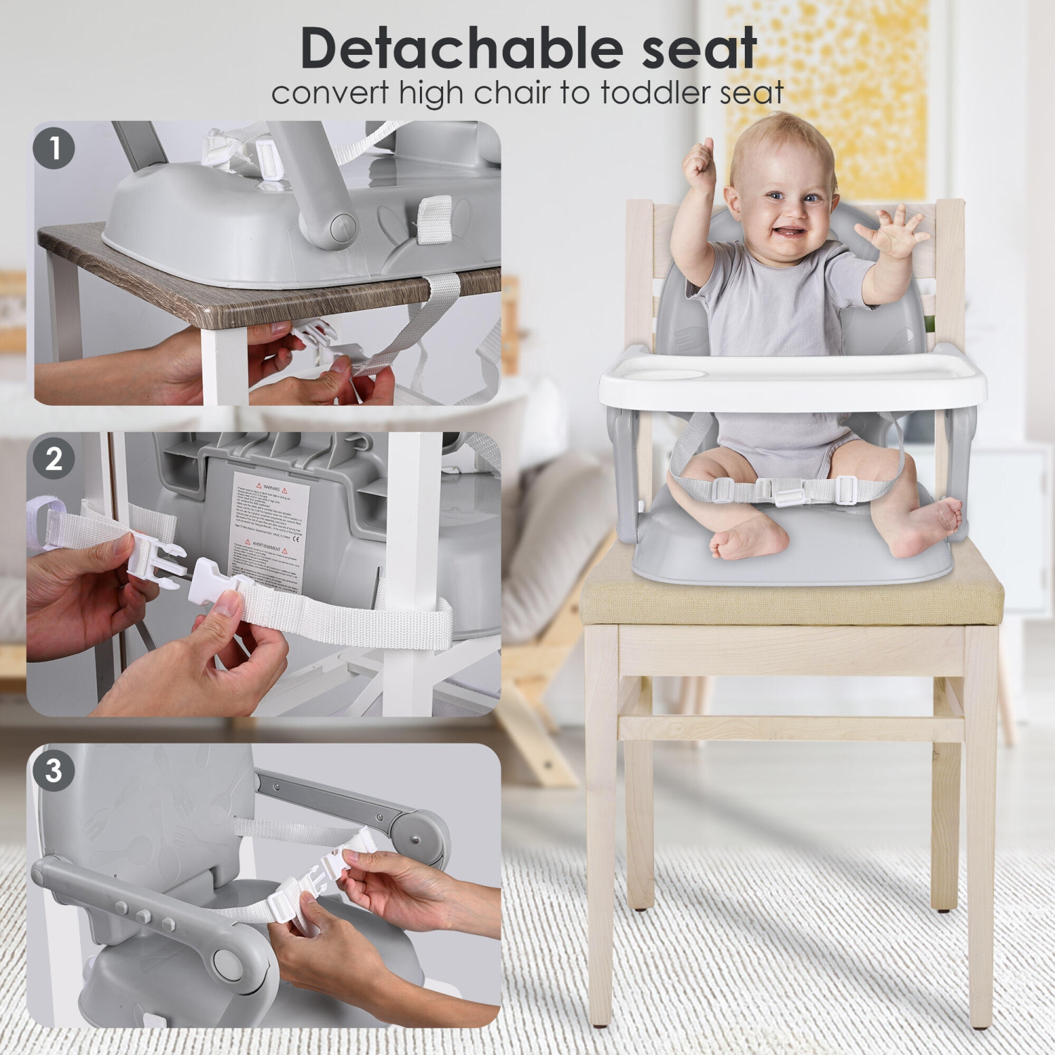 Baby High Chair Simple Fold with 5 Point Safety Belt Removable Tray  Adjustable Height- LIVINGbasics®