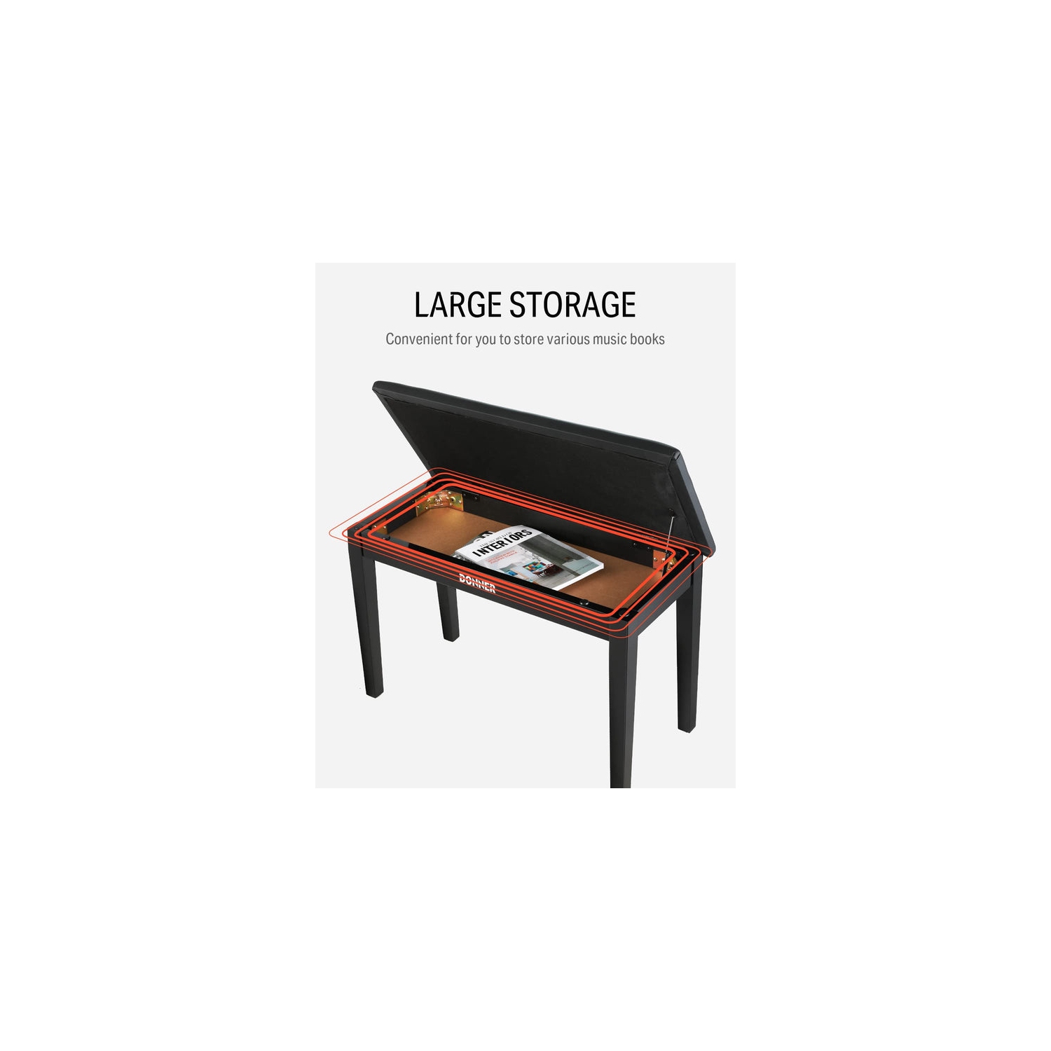Donner Two-Seater Piano Bench with Storage Black