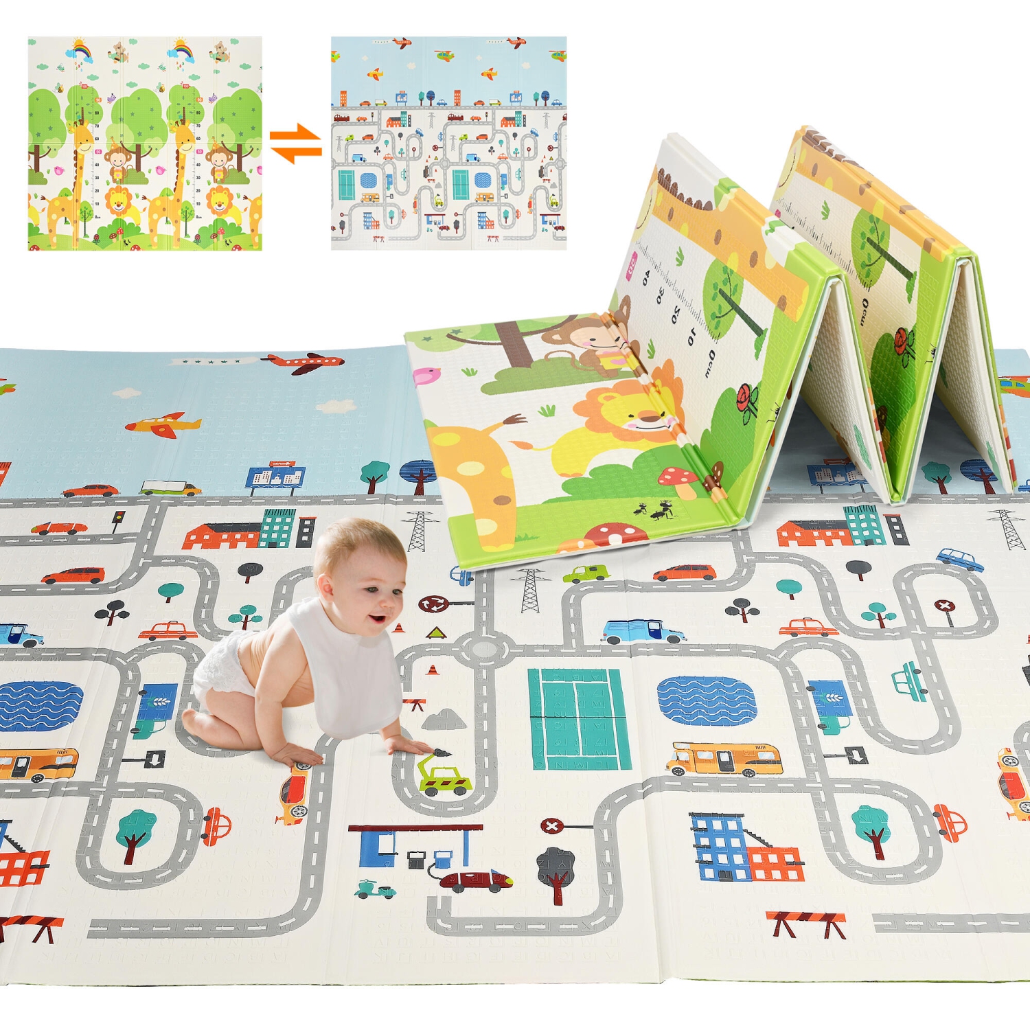 Double-Sided Baby Playmat, 79" x 71" Folding Floor Mat Baby Crawling Mat Kids Play Mat Waterproof Non Toxic