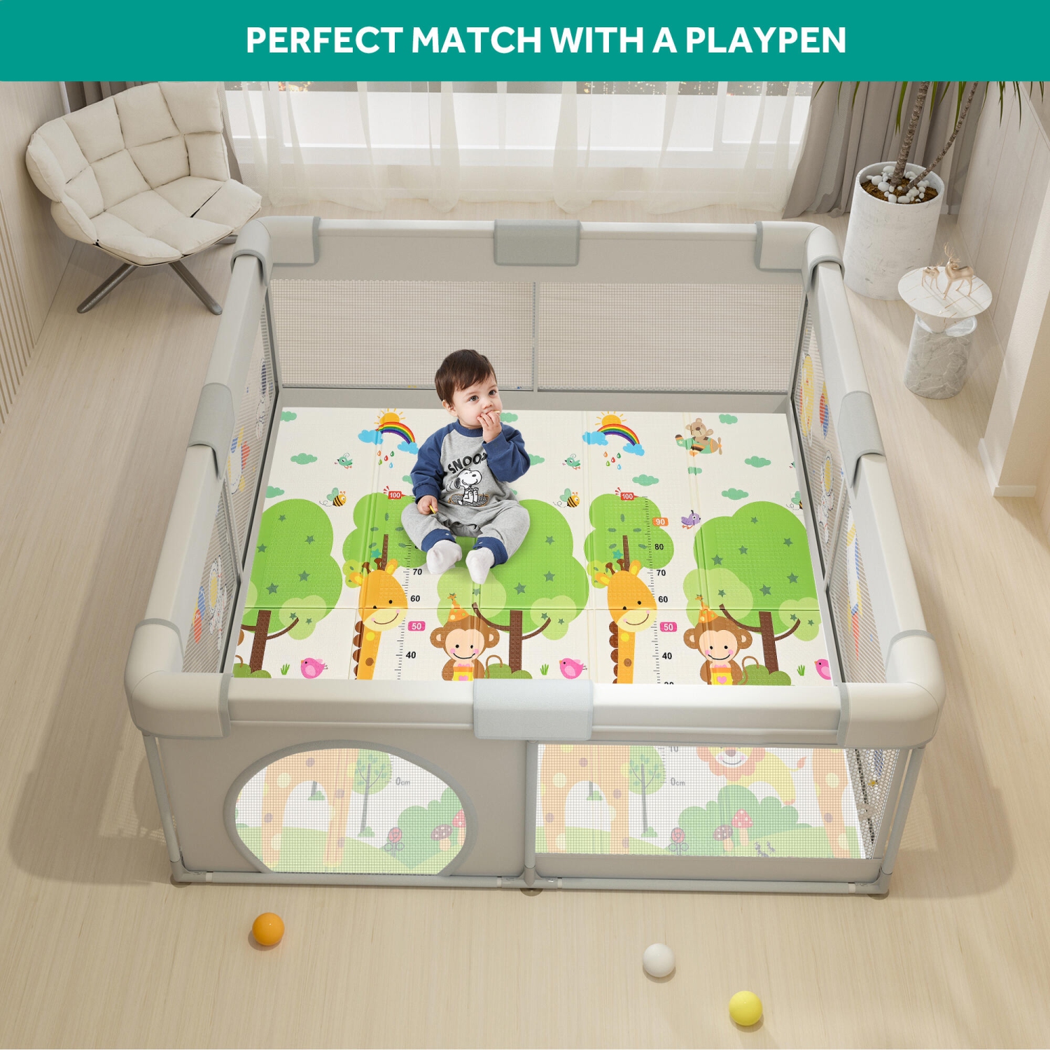 Double-Sided Baby Playmat, 79" x 71" Folding Floor Mat Baby Crawling Mat Kids Play Mat Waterproof Non Toxic