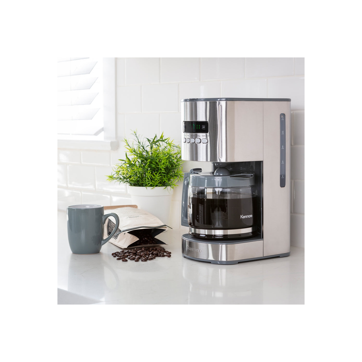 Kenmore Aroma Control 12-Cup Programmable Coffee Maker, Stainless Steel Drip Coffee Machine, Glass Carafe, Reusable Filter, Timer, Digital Display.