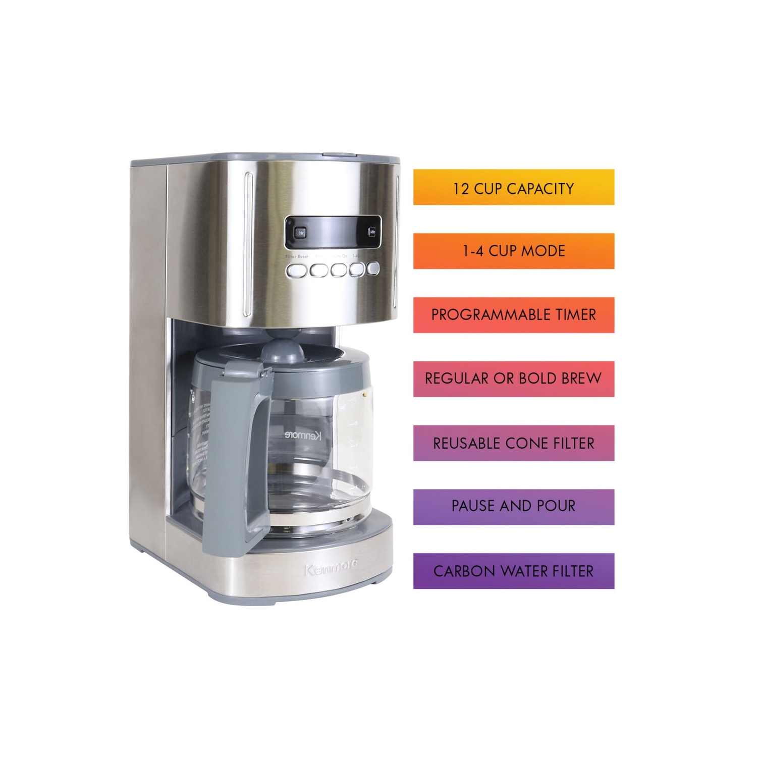 Kenmore Aroma Control 12-Cup Programmable Coffee Maker, Stainless Steel Drip Coffee Machine, Glass Carafe, Reusable Filter, Timer, Digital Display.