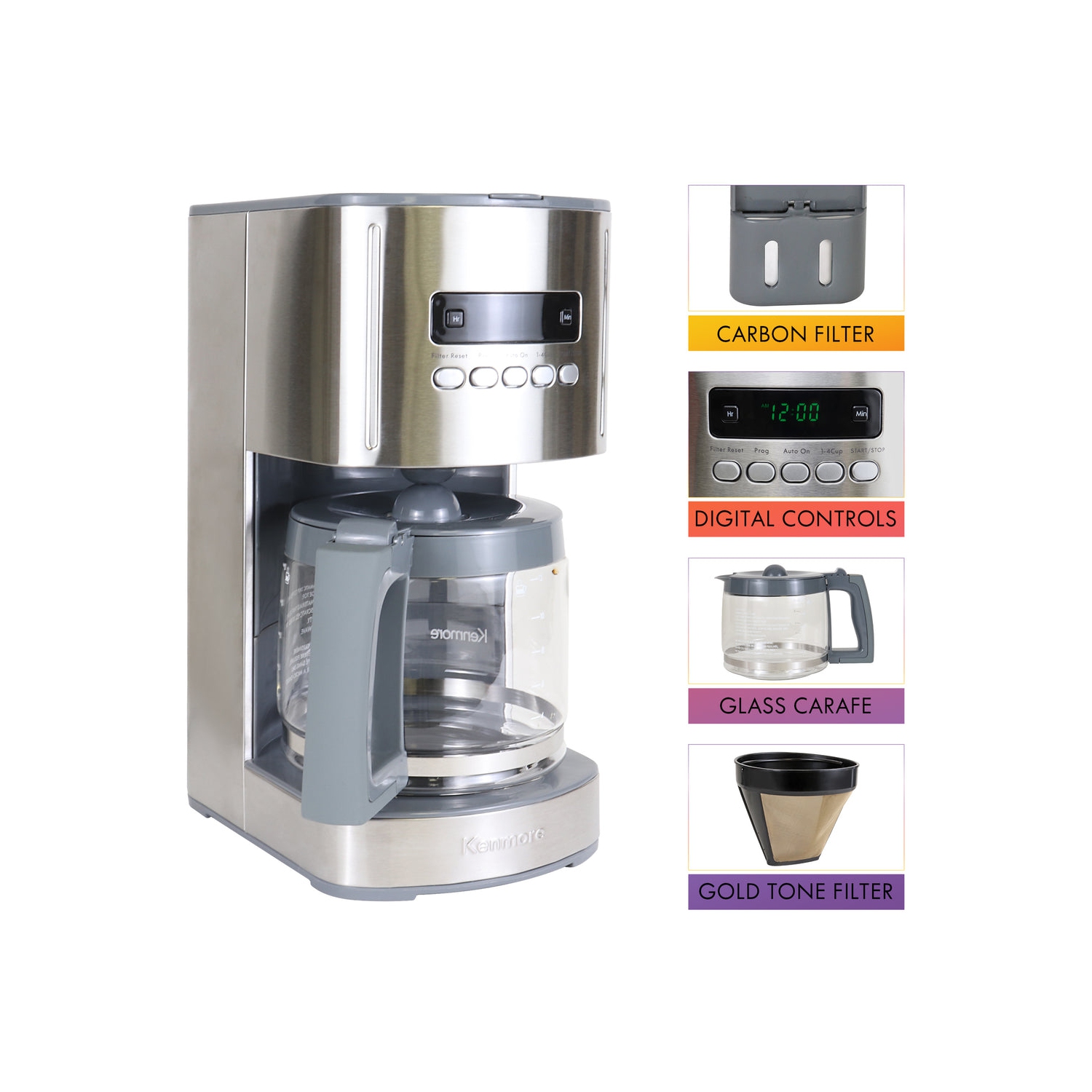 Kenmore Aroma Control 12-Cup Programmable Coffee Maker, Stainless Steel Drip Coffee Machine, Glass Carafe, Reusable Filter, Timer, Digital Display.