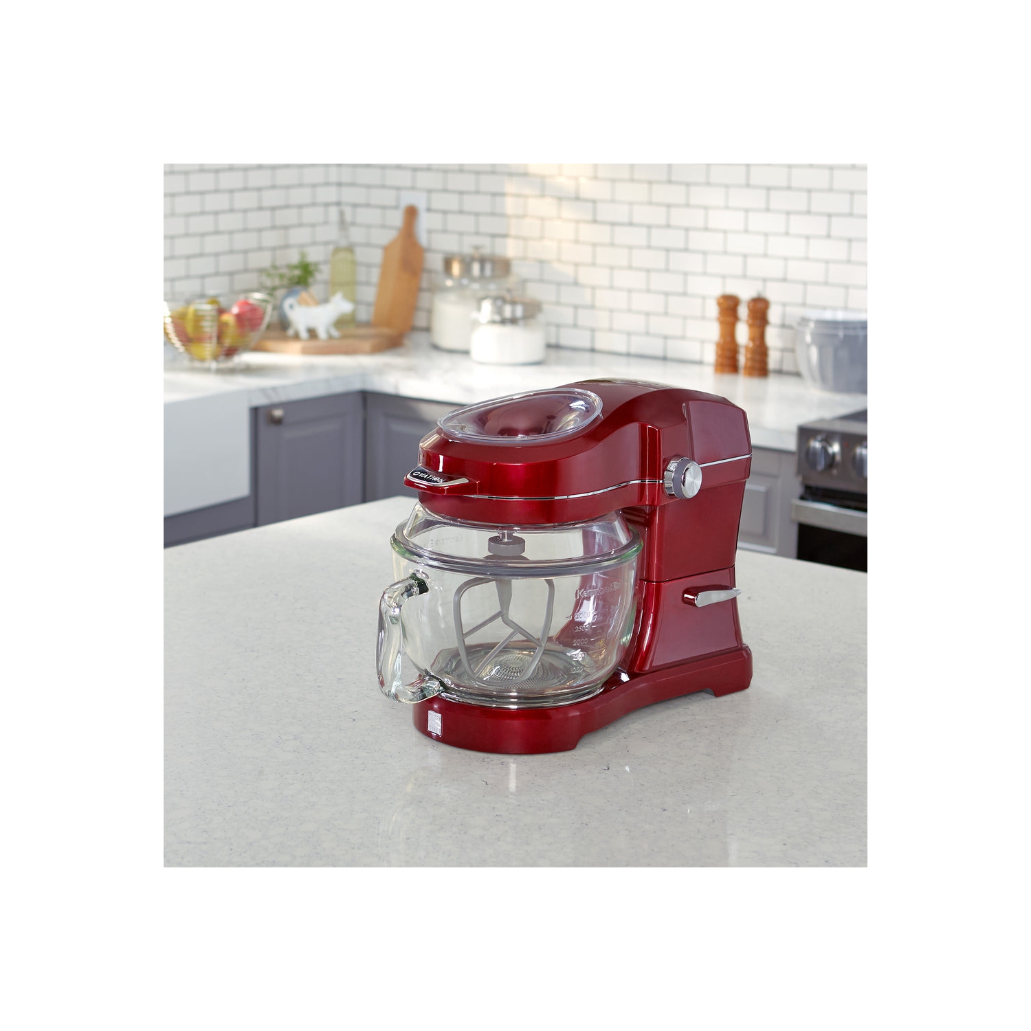 Kenmore Elite Ovation 5 Qt Stand Mixer, 500W Motor, Revolutionary Pour-In Top, Tilt Head, Flat Beater, Whisk, Dough Hook, Glass Bowl with Lid, Red