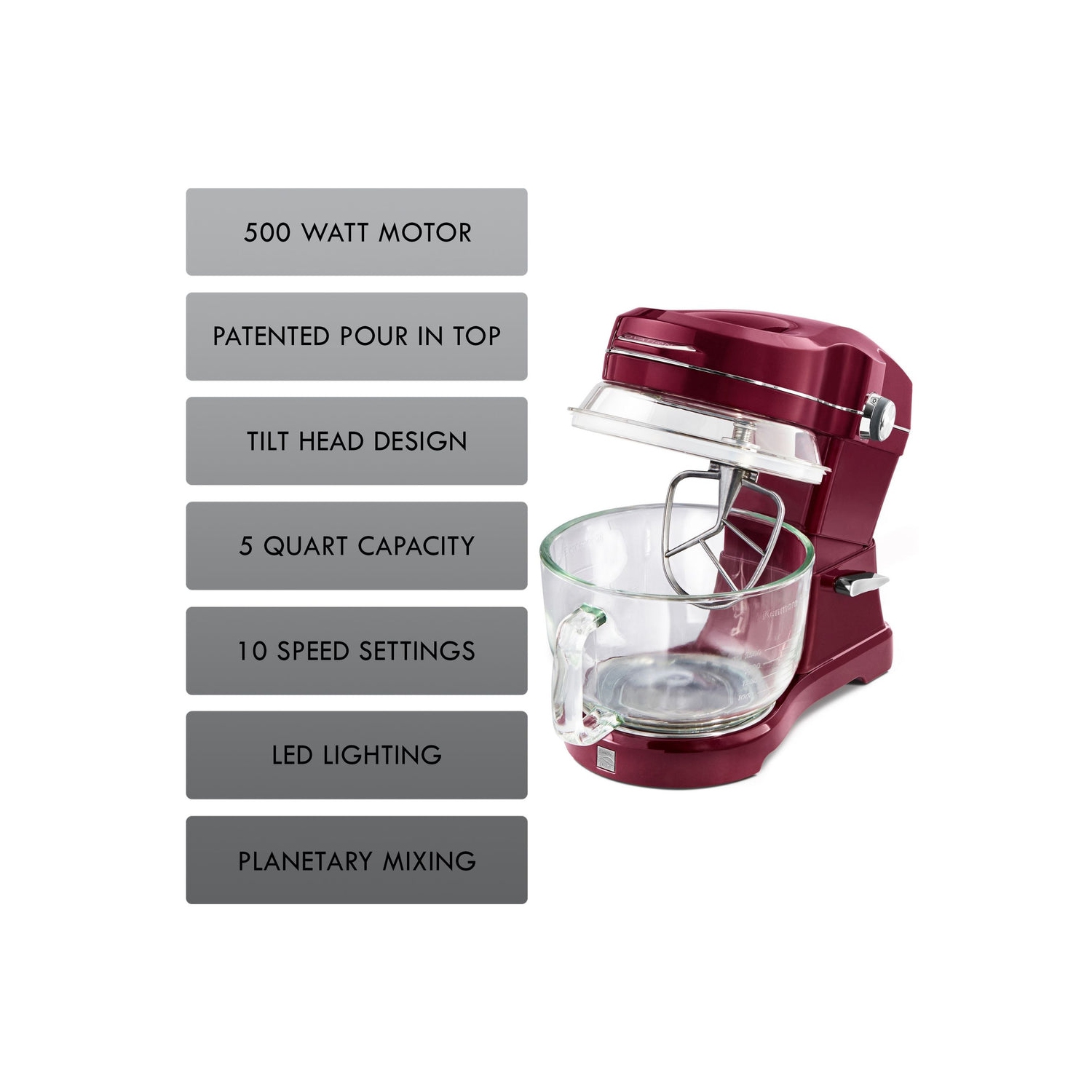 Kenmore Elite Ovation 5 Qt Stand Mixer, 500W Motor, Revolutionary Pour-In Top, Tilt Head, Flat Beater, Whisk, Dough Hook, Glass Bowl with Lid, Red