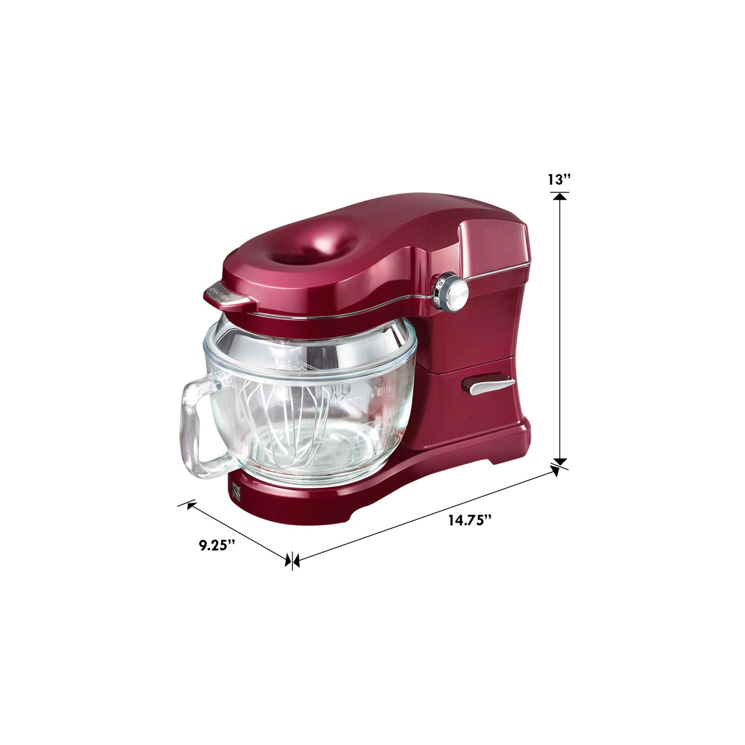 Kenmore Elite Ovation 5 Qt Stand Mixer, 500W Motor, Revolutionary Pour-In Top, Tilt Head, Flat Beater, Whisk, Dough Hook, Glass Bowl with Lid, Red