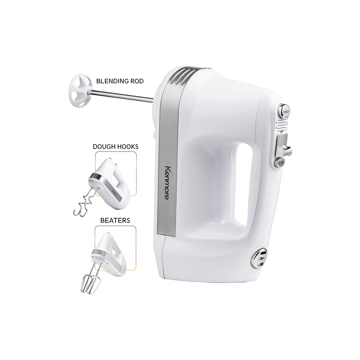 Kenmore 5-Speed Hand Mixer Beater Blender 250W White Includes Dishwasher-Safe Beaters, Dough Hooks & Liquid Blending Rod Automatic Cord Retraction