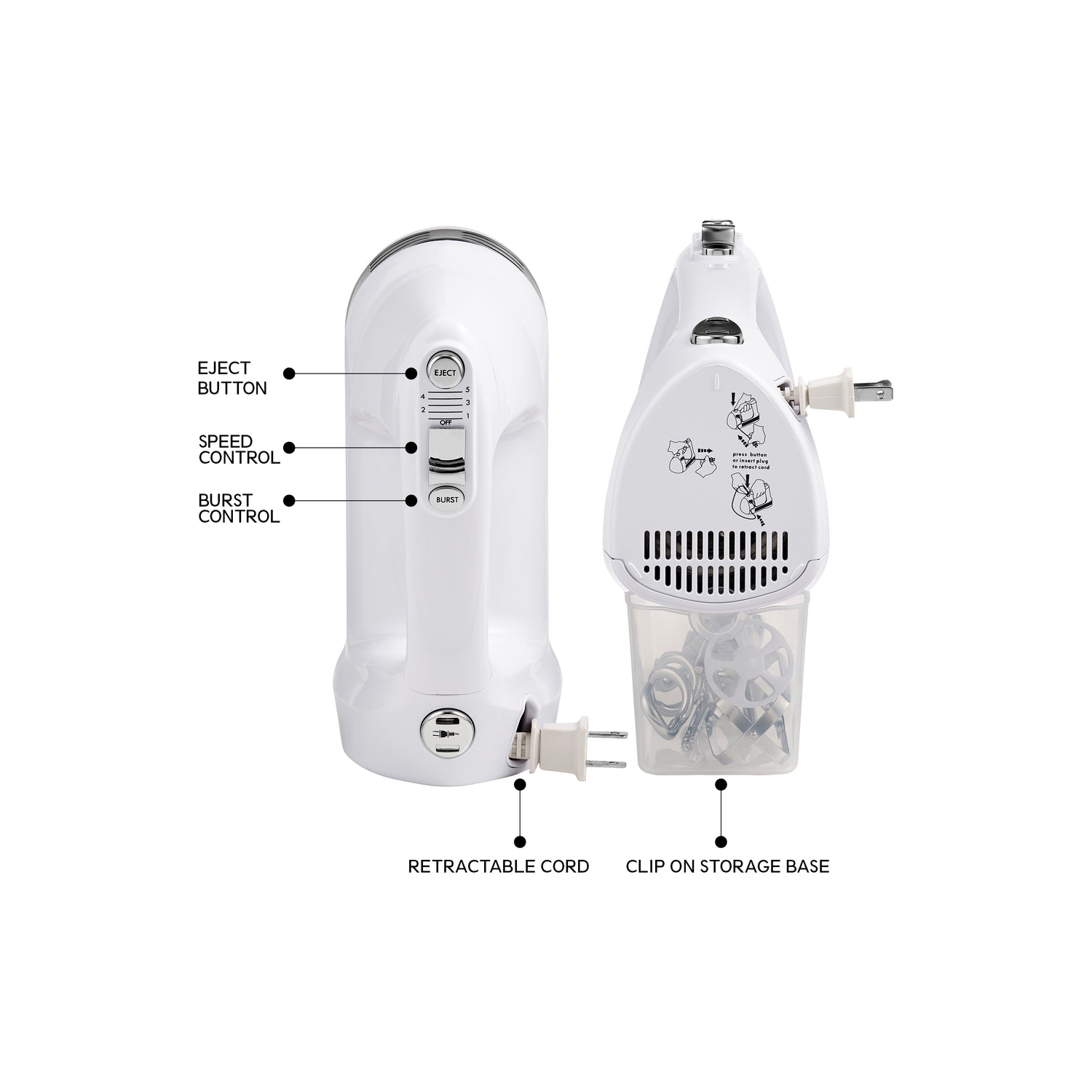 Kenmore 5-Speed Hand Mixer Beater Blender 250W White Includes Dishwasher-Safe Beaters, Dough Hooks & Liquid Blending Rod Automatic Cord Retraction