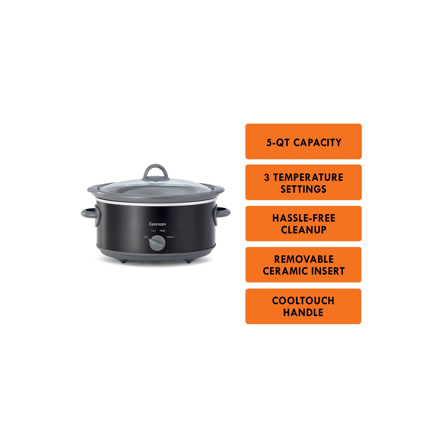 Kenmore 5 qt Slow Cooker, Black and Gray, Compact Countertop Cooking, Simple Dial Control
