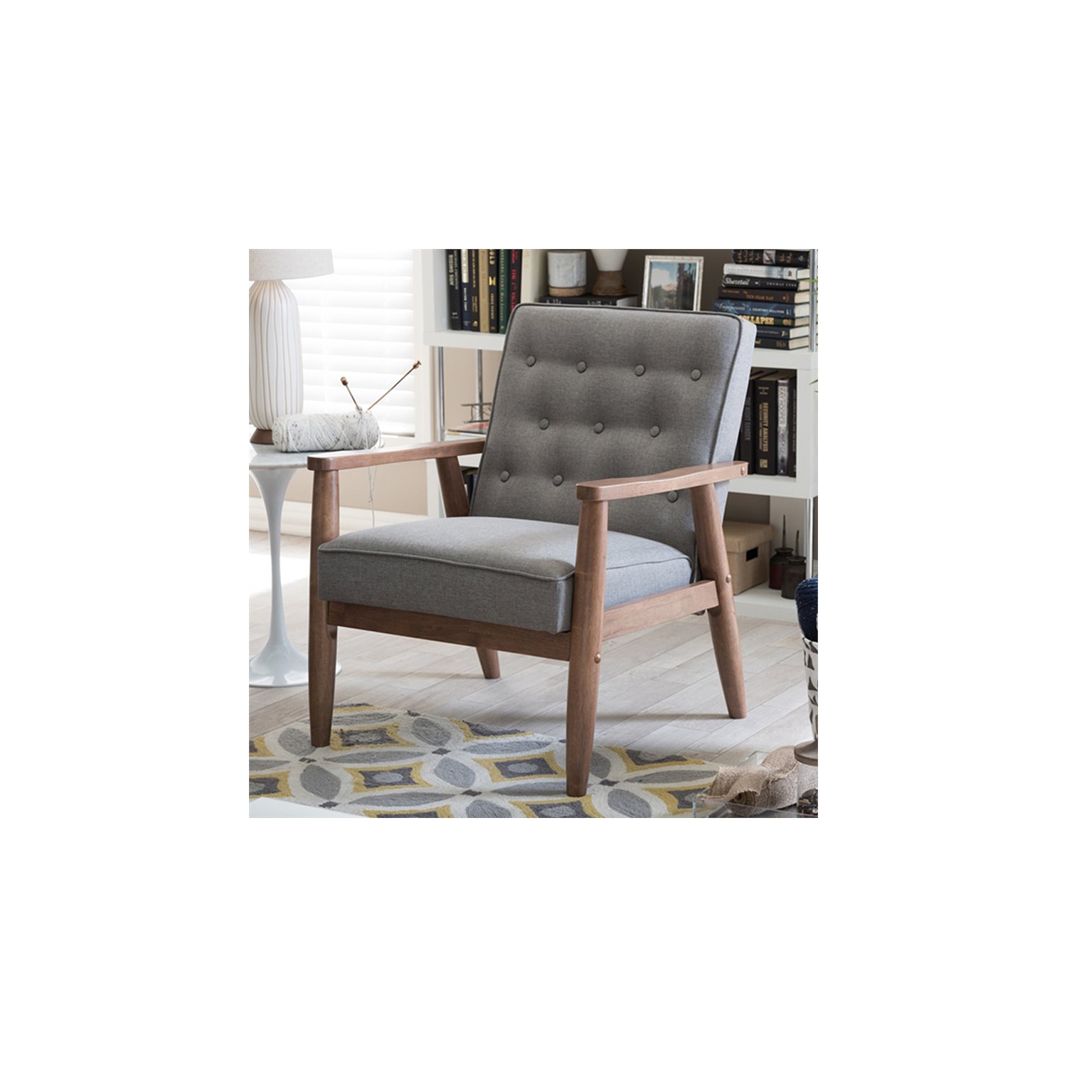 Baxton Studio Sorrento Tufted Reception Chair in Gray and Brown