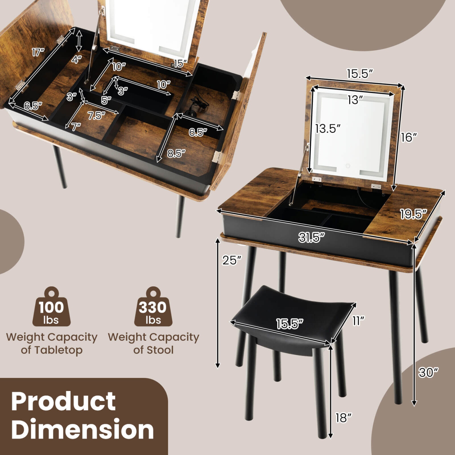 Costway Vanity Table Set w/ Flip Top Mirror Lights USB Port Cushioned Stool Writing Desk
