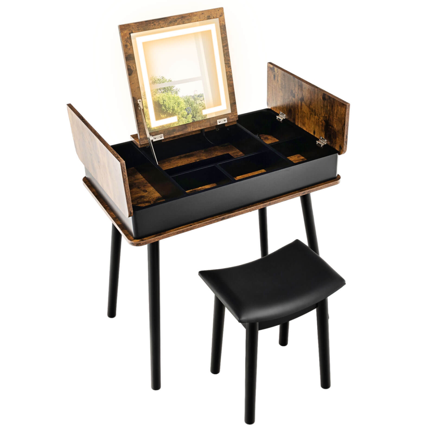 Costway Vanity Table Set w/ Flip Top Mirror Lights USB Port Cushioned Stool Writing Desk