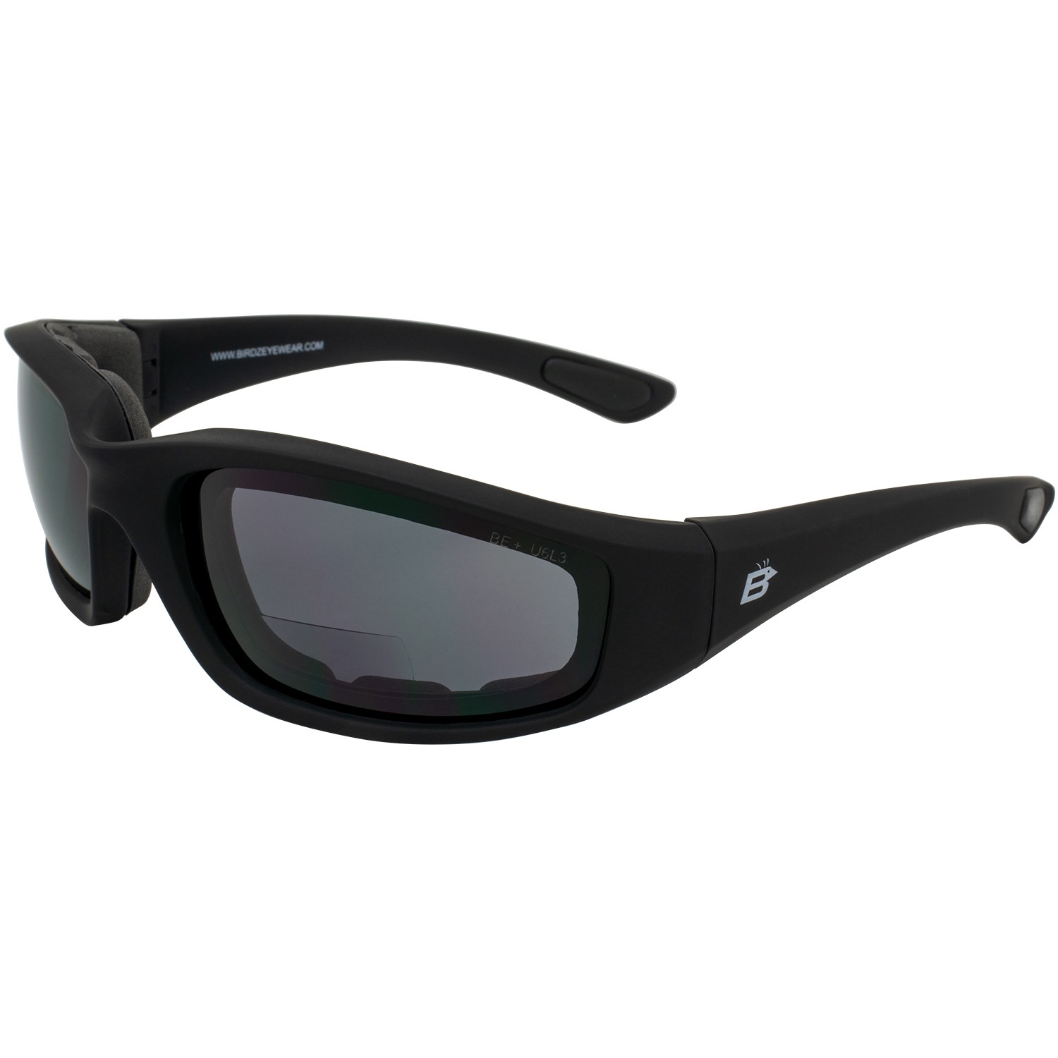 Birdz Eyewear Oriole Padded Safety Bifocal Motorcycle Glasses Black Frame Smok Lenses 2.5 Magnification Carry Bag