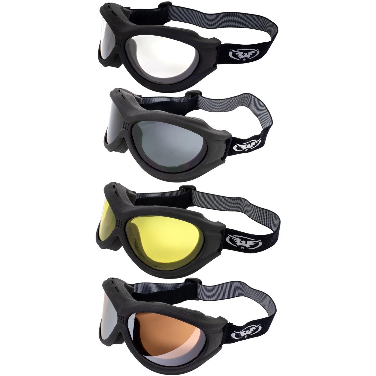 4 Pairs Of Global Vision Big Ben Padded Motorcycle Safety Goggles Fitover Black Frame W/ Clear Smoke Yellow & Driving Mirror Lenses