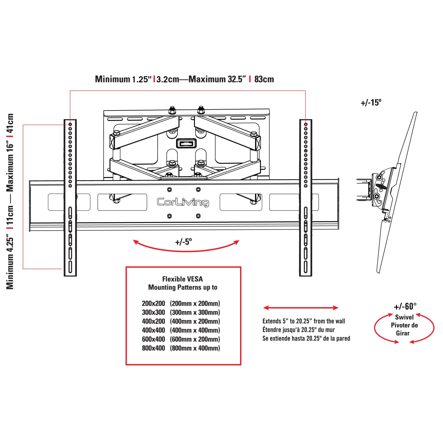 CorLiving Full-Motion Wall Mount for 40" - 80" TVs