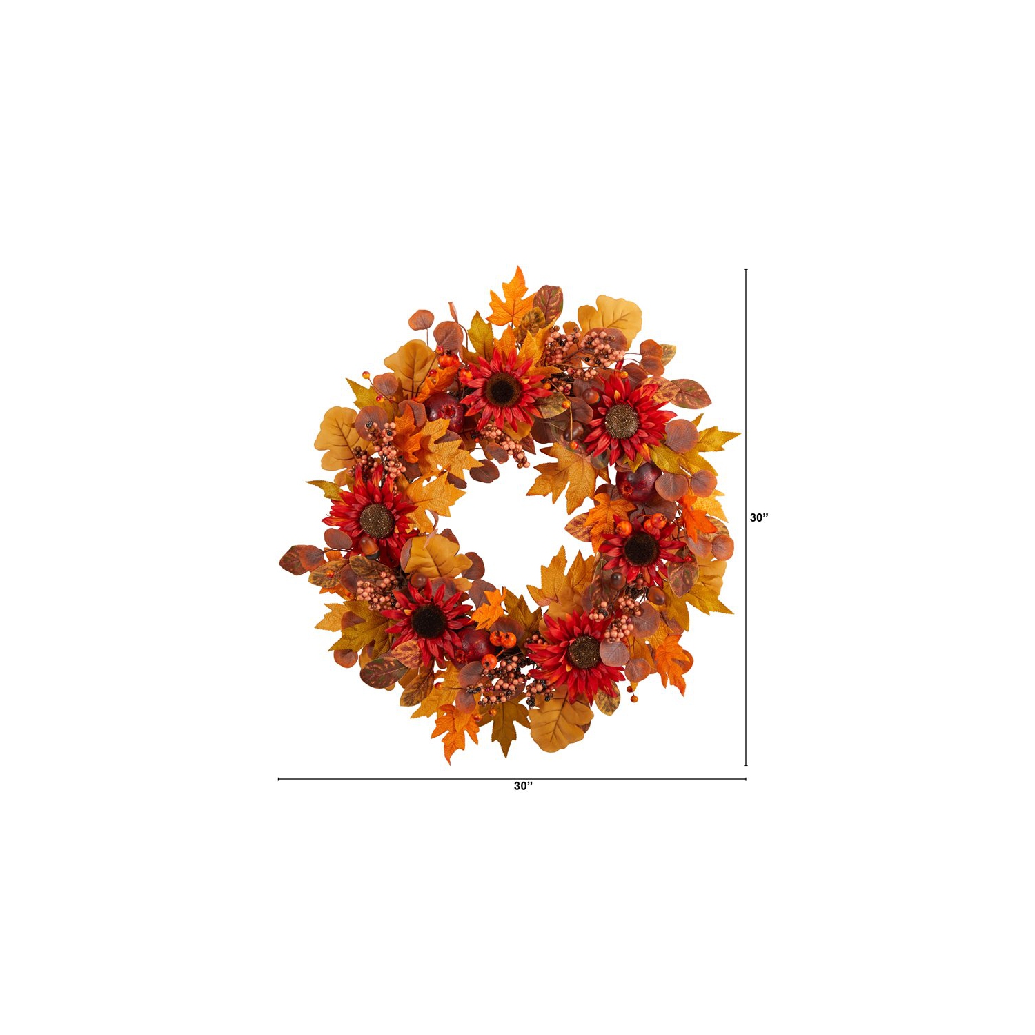 30" Fall Acorn/Sunflower/Berries and Autumn Foliage Artificial Wreath in Orange