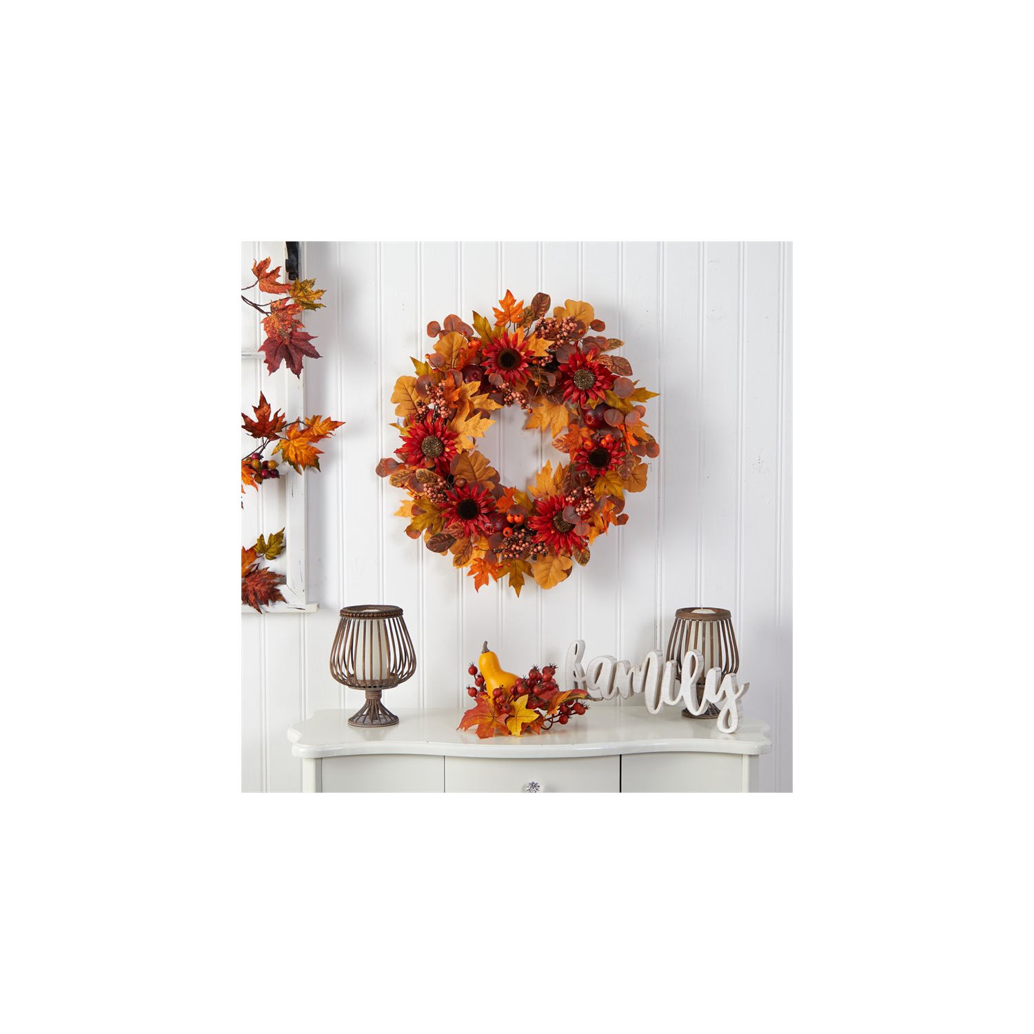 30" Fall Acorn/Sunflower/Berries and Autumn Foliage Artificial Wreath in Orange