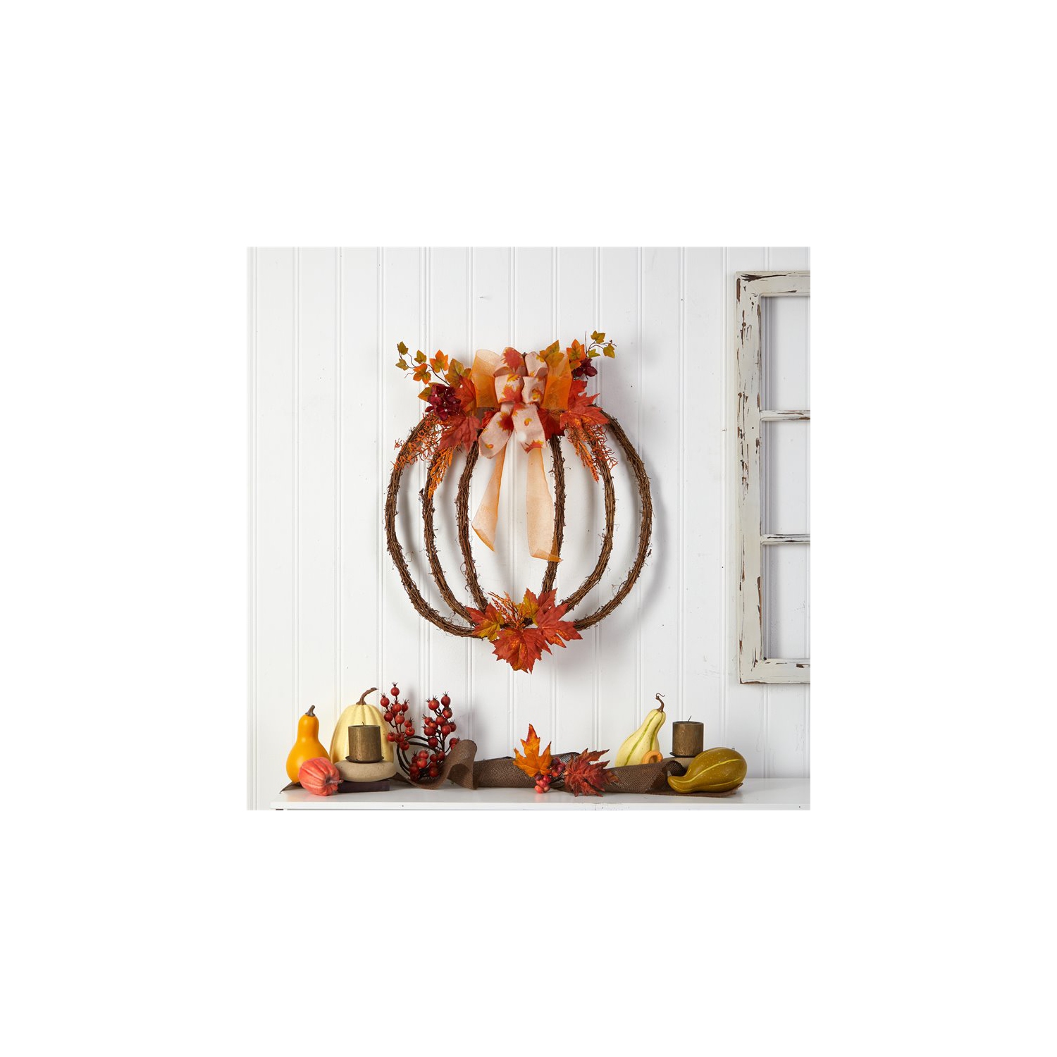 Nearly Natural 26" Autumn Pumpkin Artificial Vine Fall Wreath in Orange