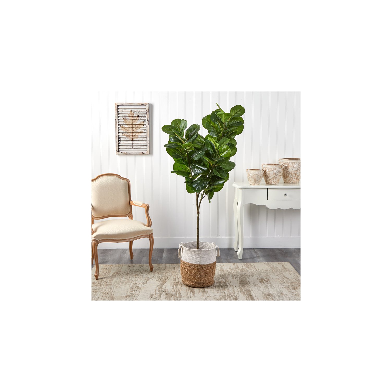 72" Fiddle Leaf Fig Artificial Tree in Jute & Cotton Planter in Green/Tan White