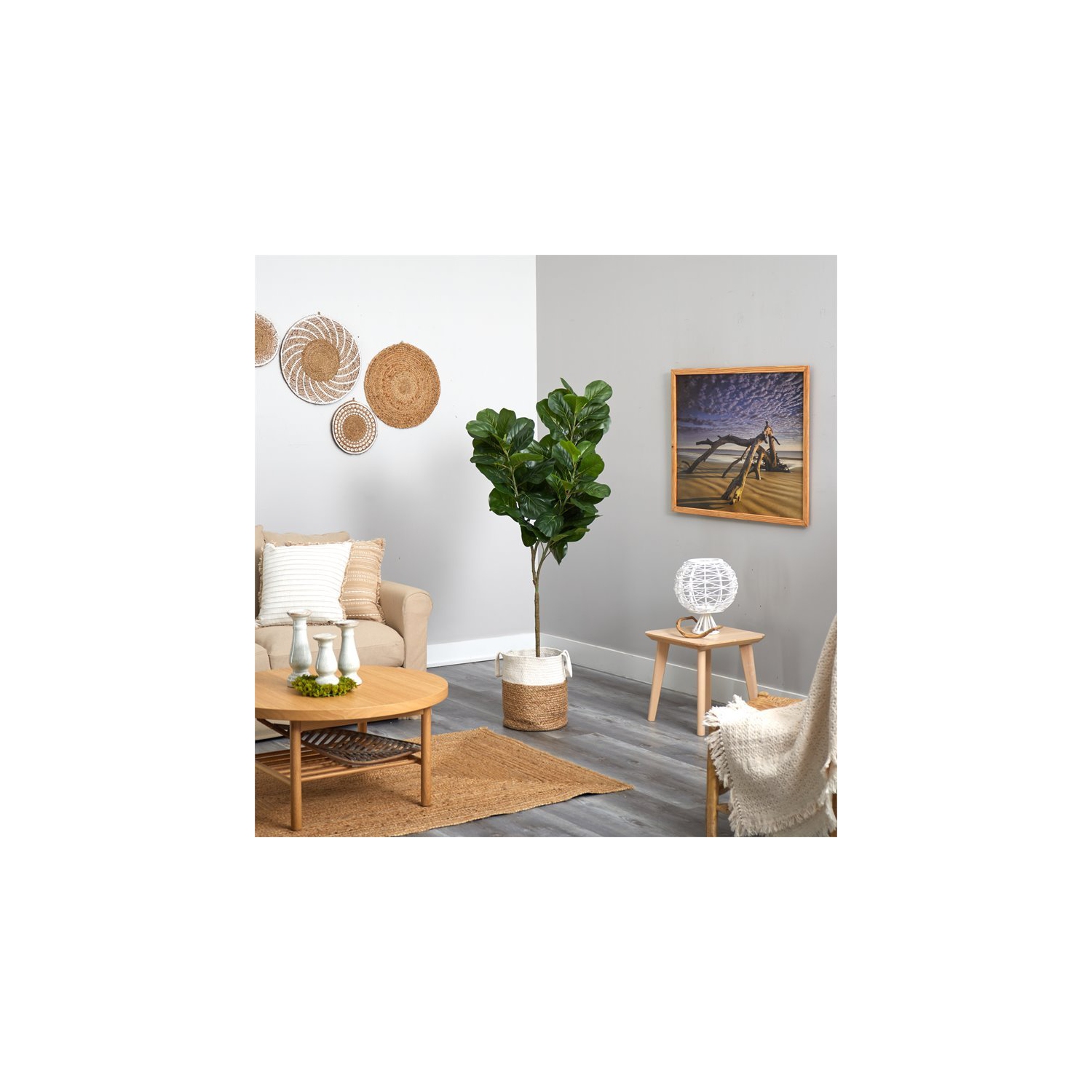 72" Fiddle Leaf Fig Artificial Tree in Jute & Cotton Planter in Green/Tan White