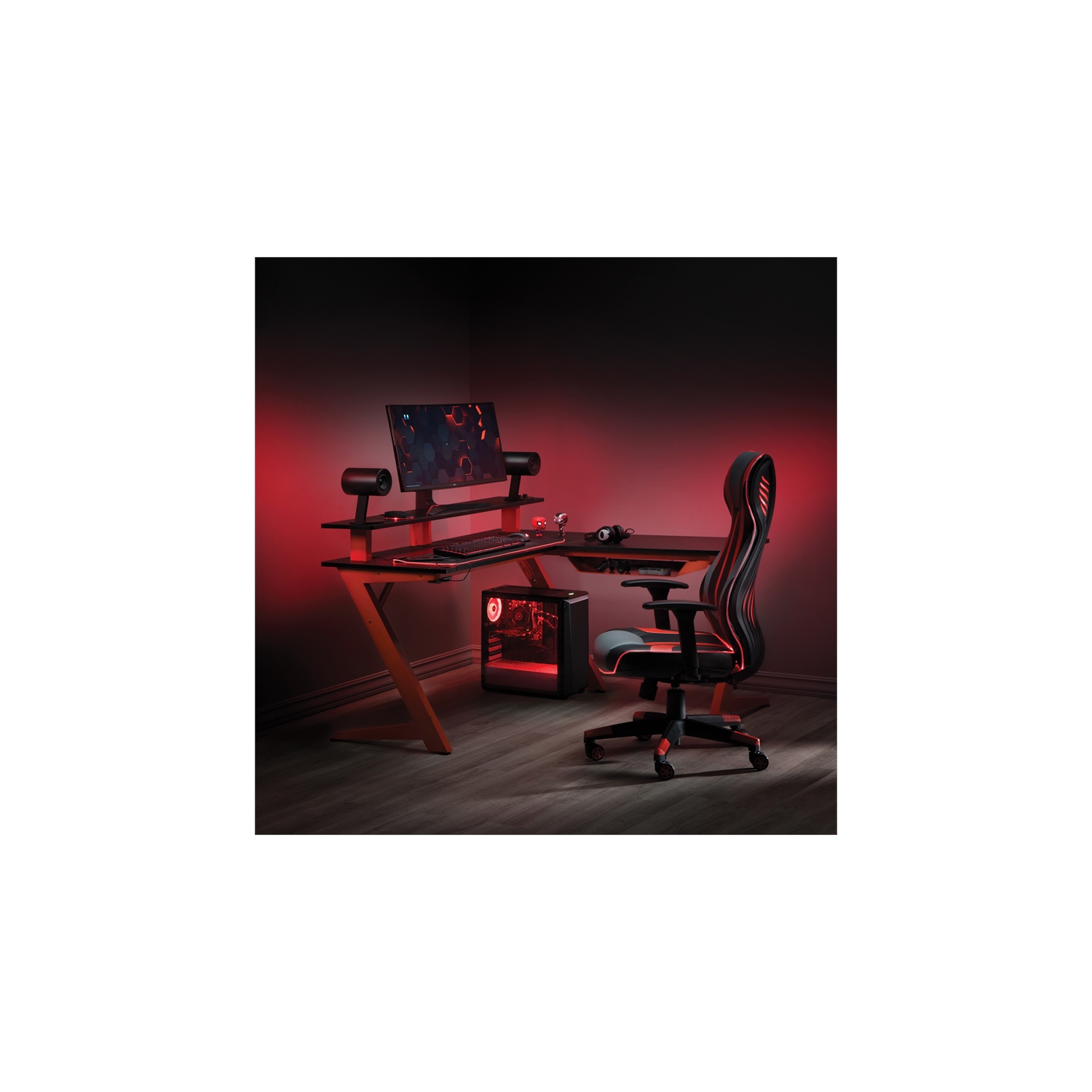 Avatar BattleStation – Bureau de jeu en L avec dessus carbone et pattes rouge mat