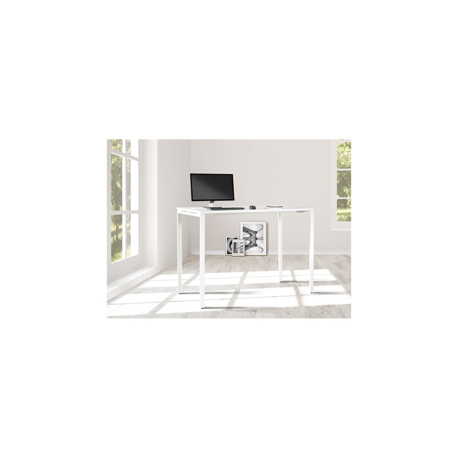 60" Writing Desk with White Laminate Top and White Finish Metal Legs