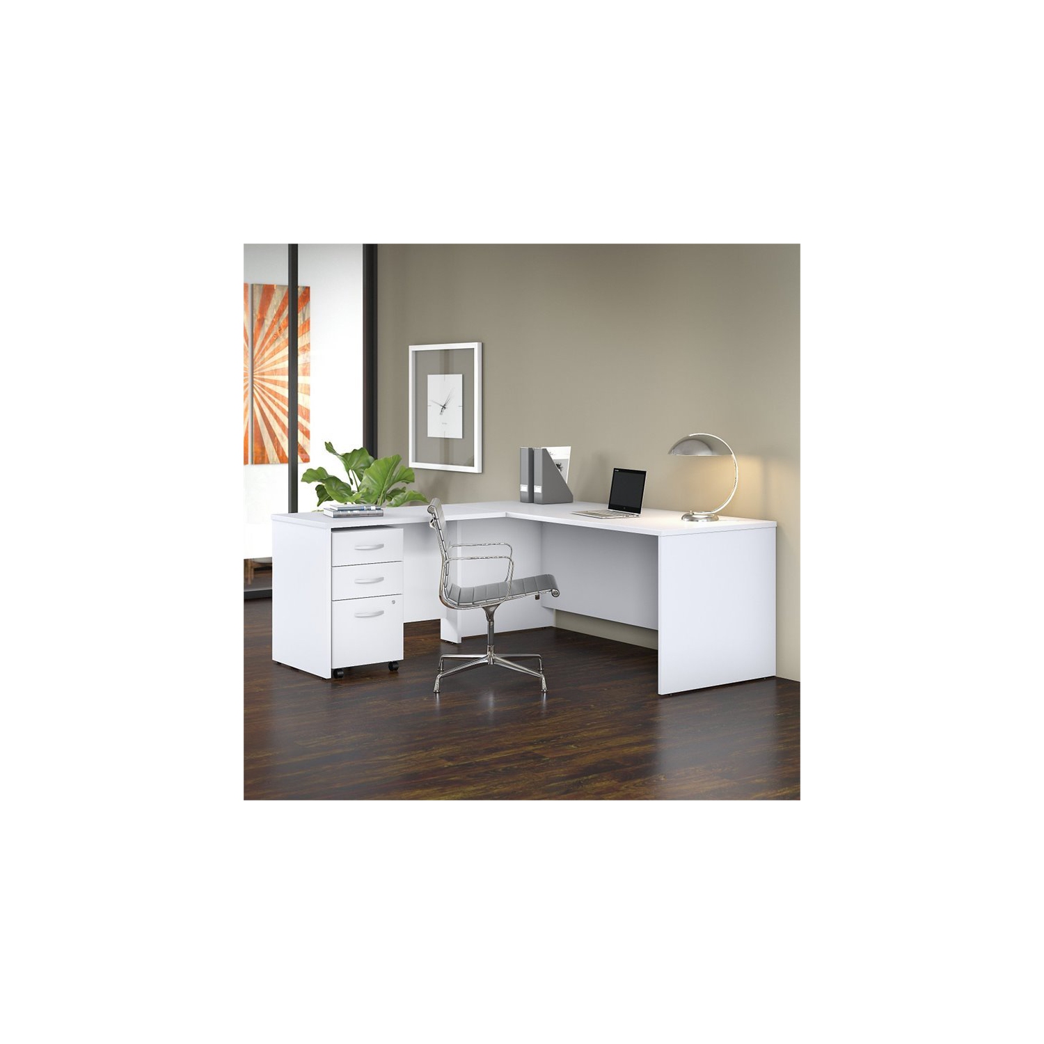 Scranton & Co 72" L Shaped Desk with File Cabinet in White