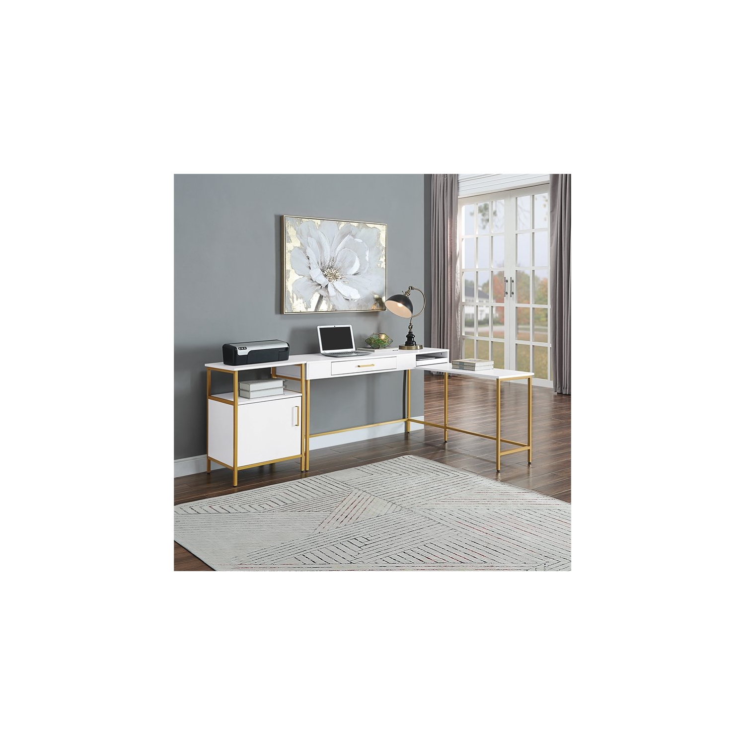 Modern Life White L Desk Charger Drawer with Gold Metal Legs