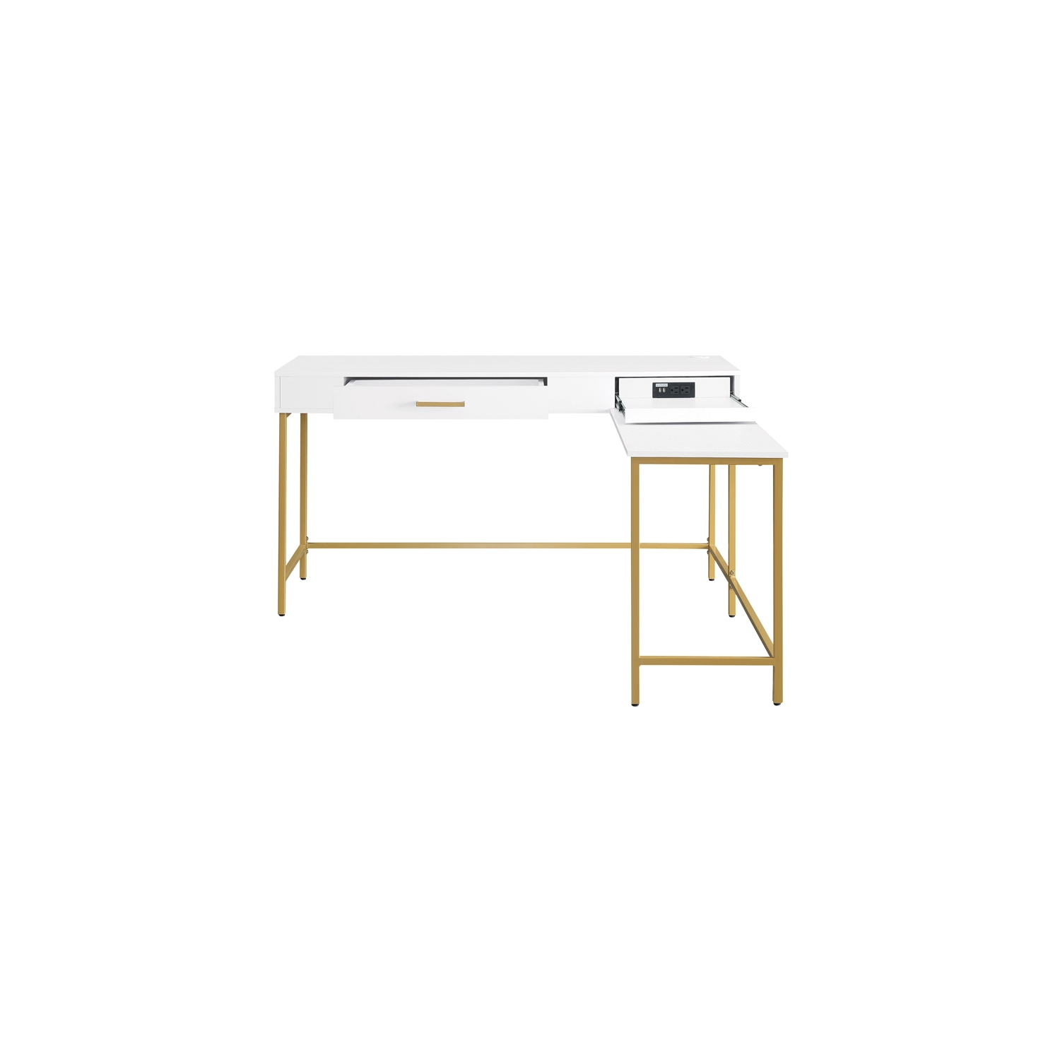 Modern Life White L Desk Charger Drawer with Gold Metal Legs