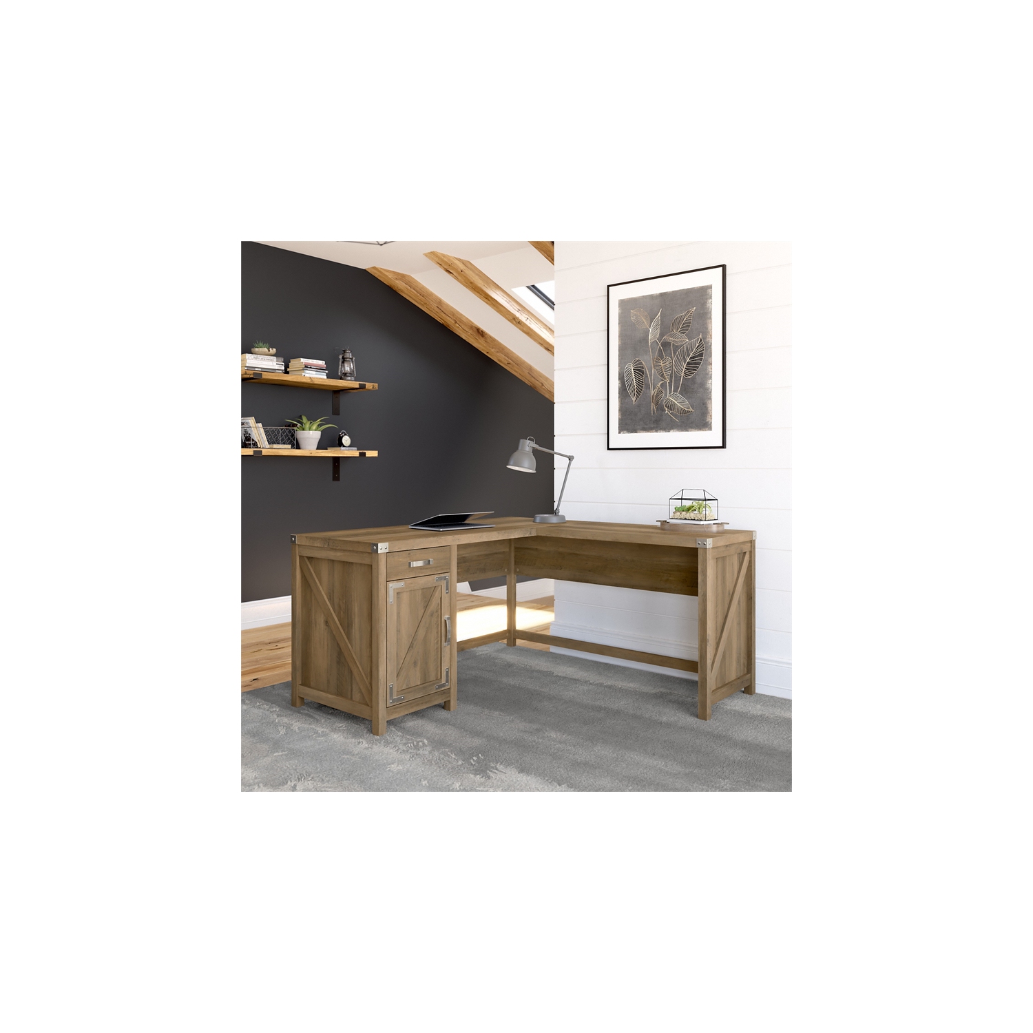 Bureau en L de 60 po avec espace de rangement en pin récupéré Cottage Grove - bois d’ingénierie