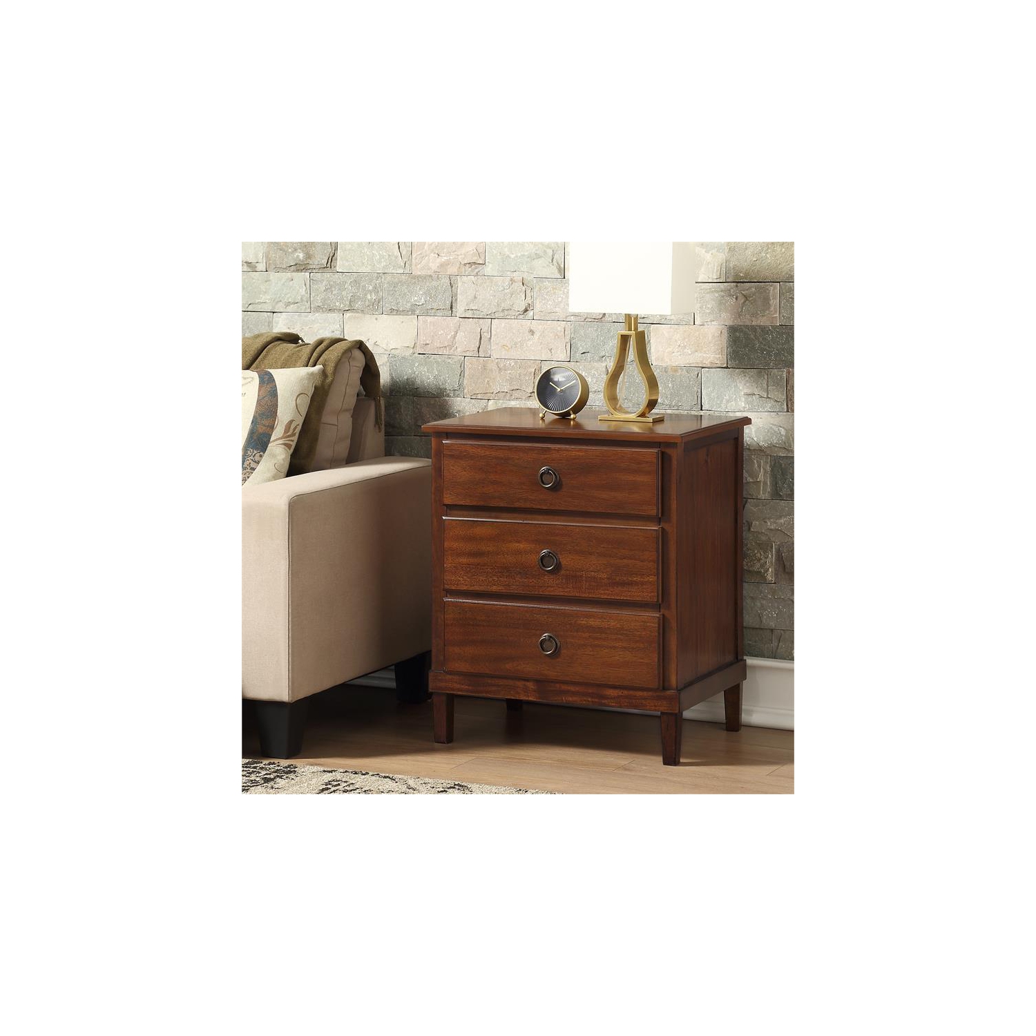Cambridge Brown Wood 3-Drawer Nightstand