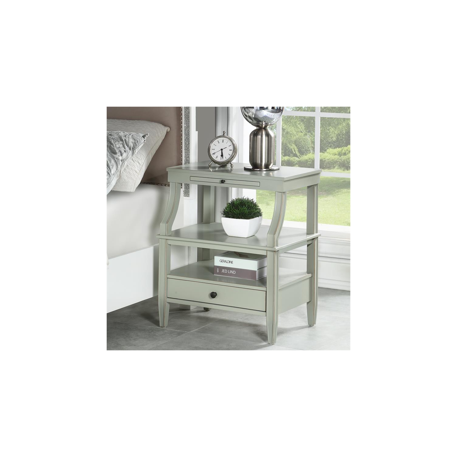 Newton Antique Gray Wood Storage Nightstand with a Drawer and Pull Out Tray