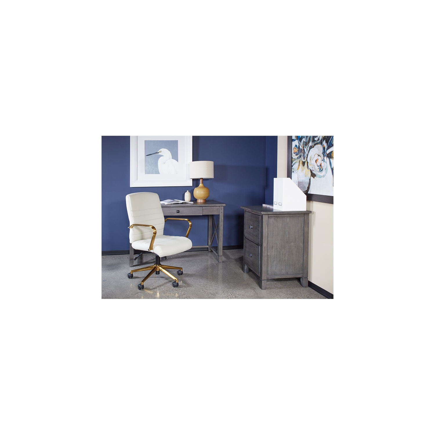 Mid-Back White Faux Leather Chair with Gold Finish Arms and Base K/D