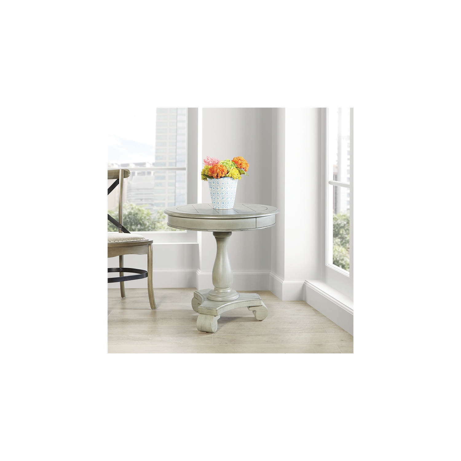 Avalon Hand Painted Round Accent Table in Wood Antique Gray Stone Finish