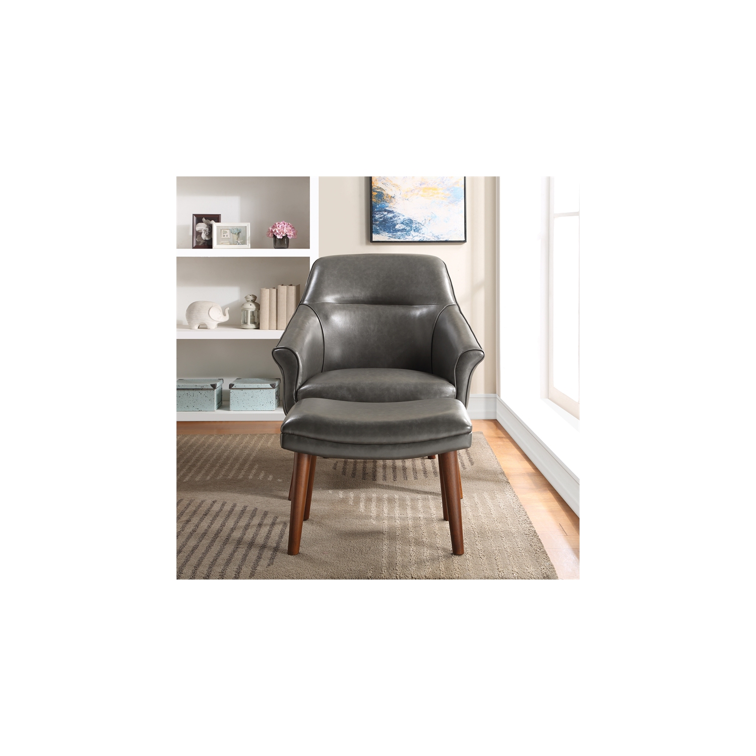 Waneta Chair and Ottoman in Pewter Gray Faux Leather with Medium Espresso Legs
