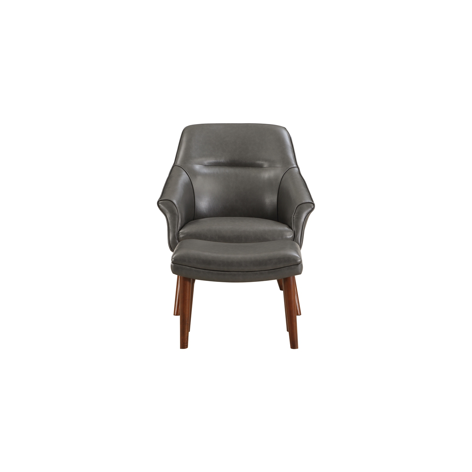 Waneta Chair and Ottoman in Pewter Gray Faux Leather with Medium Espresso Legs