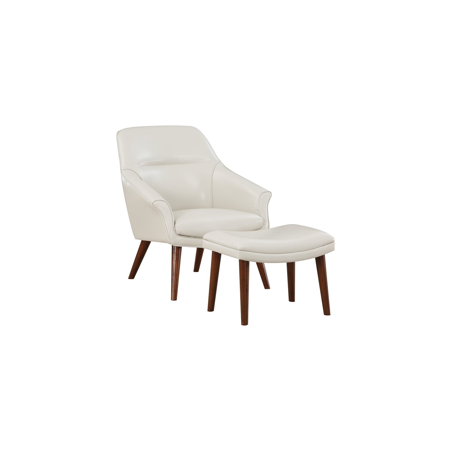 Waneta Chair and Ottoman in Cream Faux Leather with Medium Espresso Legs