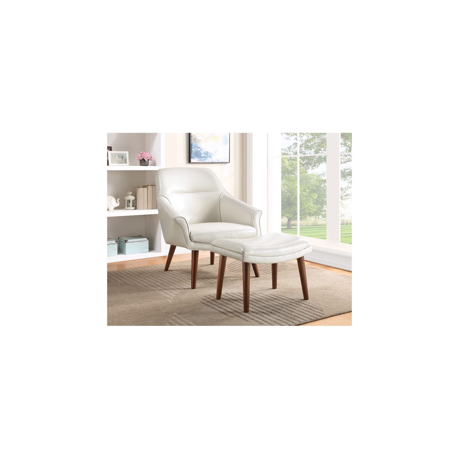 Waneta Chair and Ottoman in Cream Faux Leather with Medium Espresso Legs