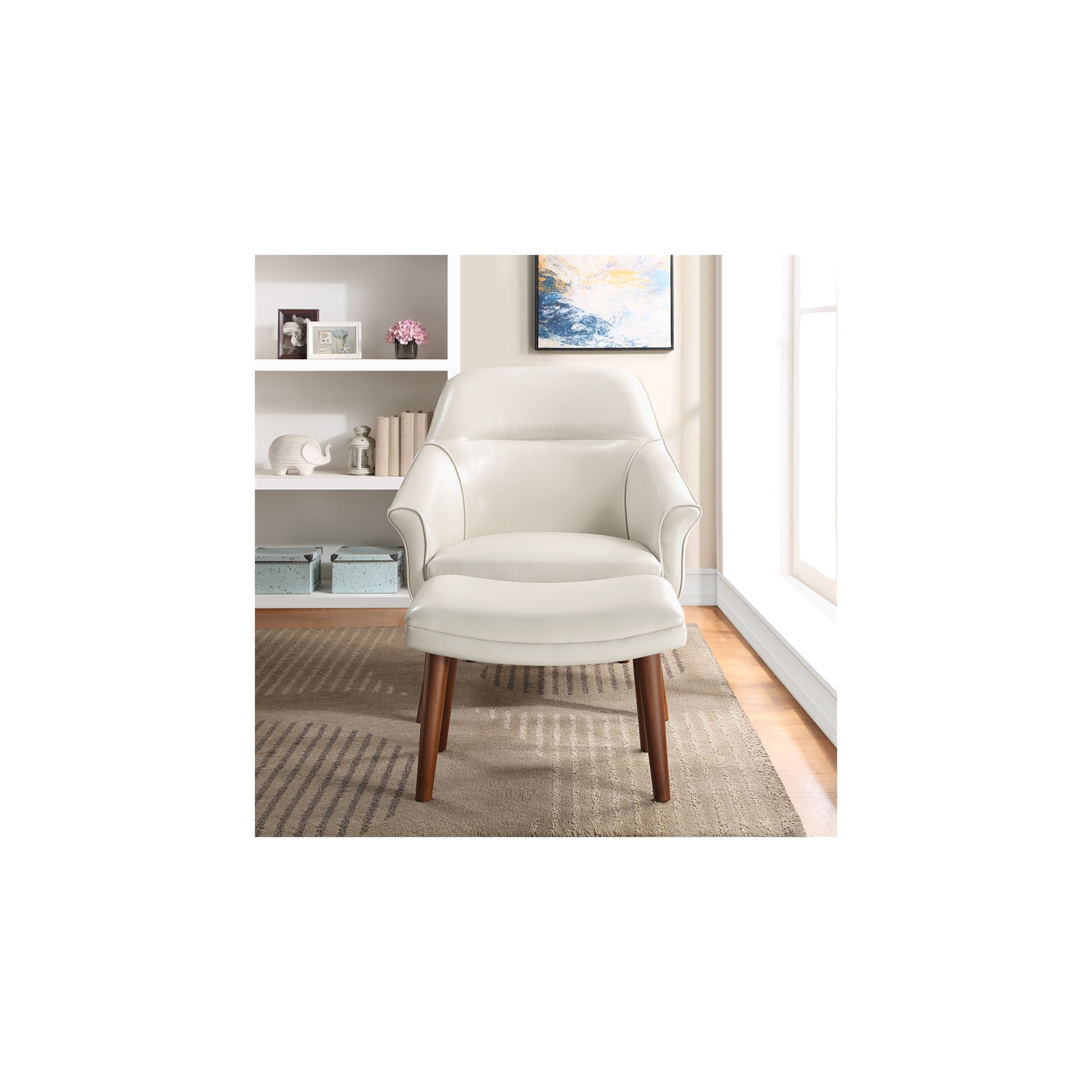 Waneta Chair and Ottoman in Cream Faux Leather with Medium Espresso Legs
