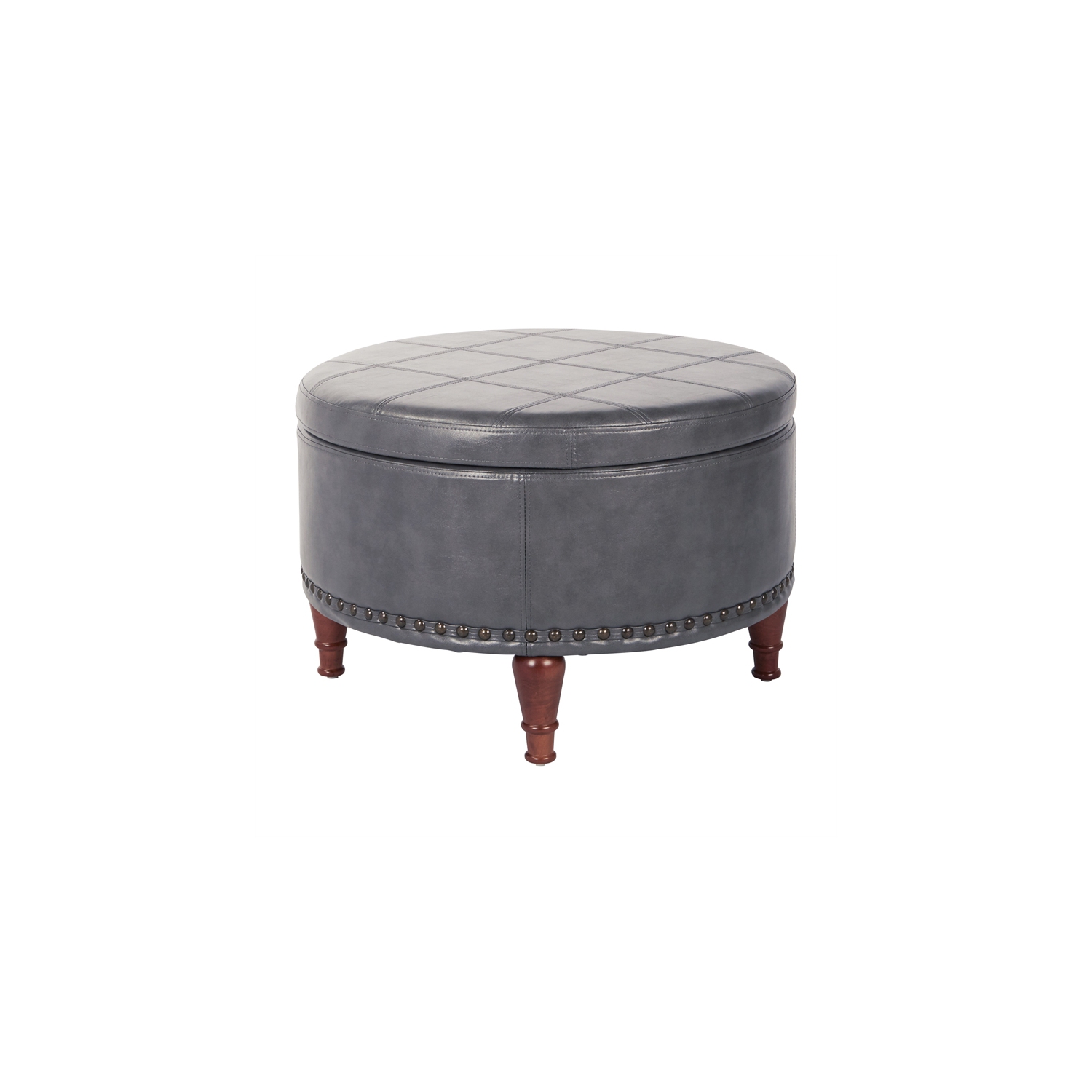 Alloway Storage Ottoman in Pewter Faux Leather with Antique Bronze Nailheads