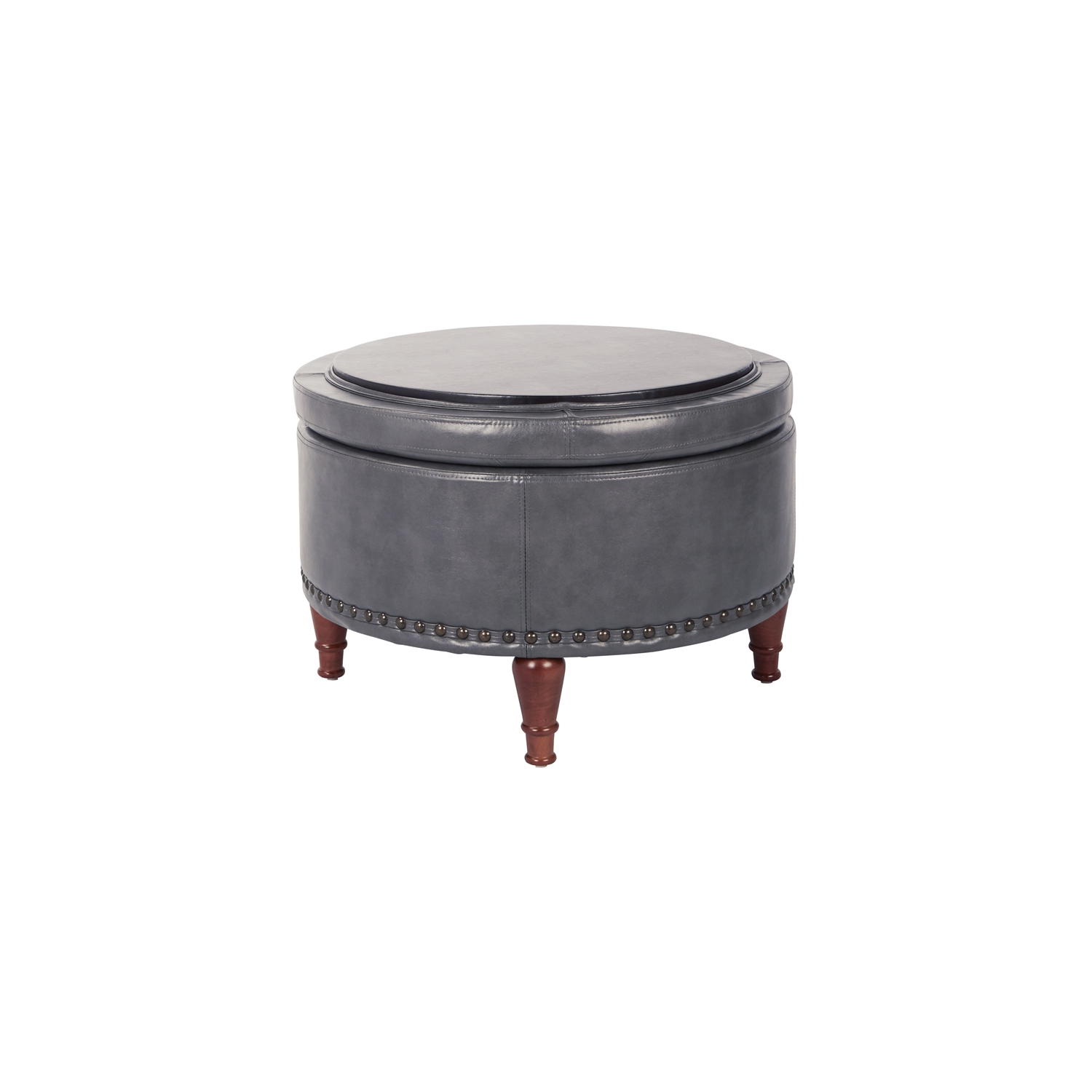 Alloway Storage Ottoman in Pewter Faux Leather with Antique Bronze Nailheads