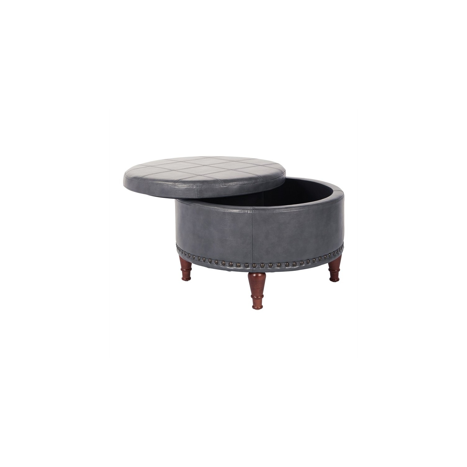 Alloway Storage Ottoman in Pewter Faux Leather with Antique Bronze Nailheads